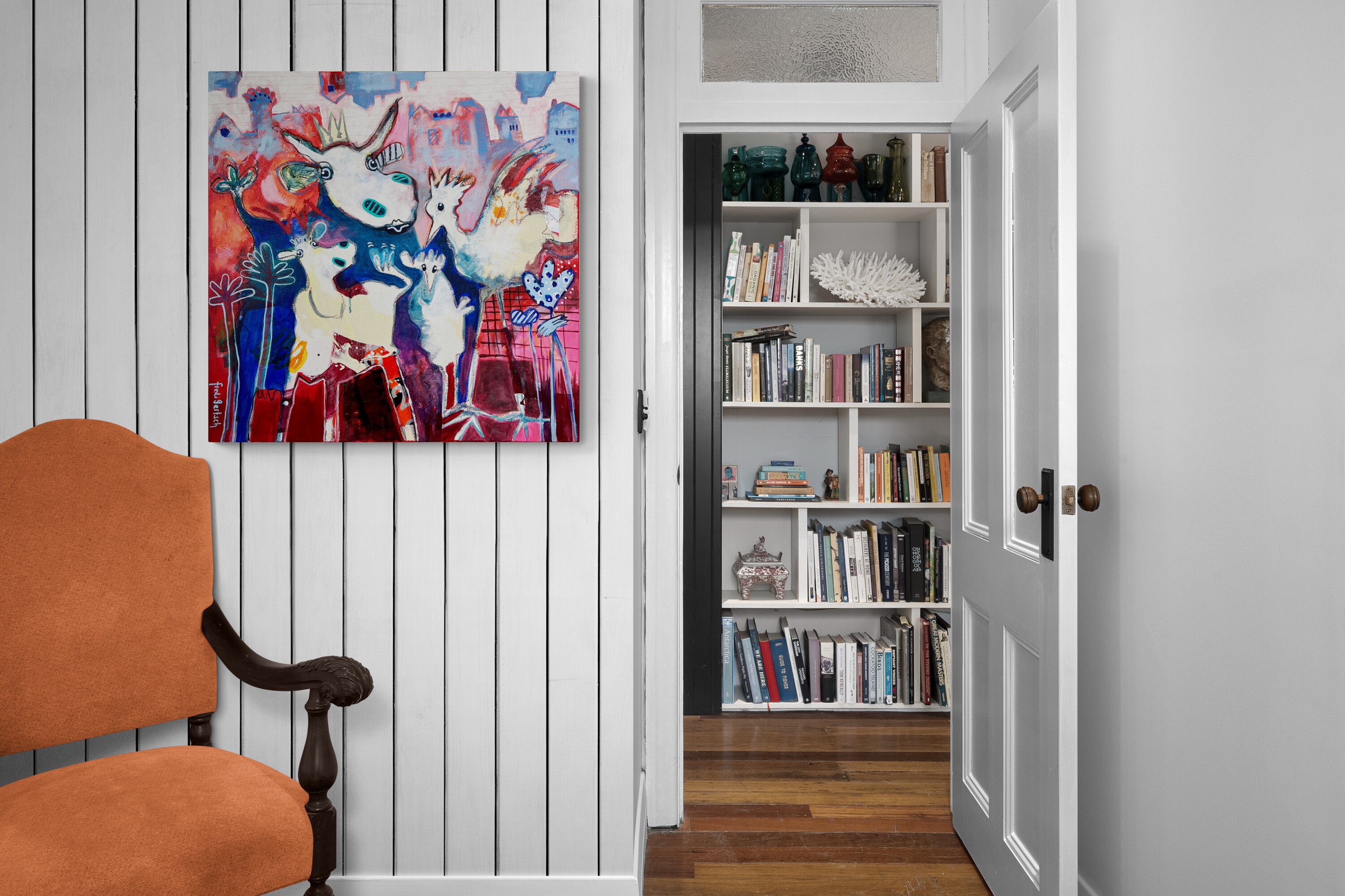 Pop Art Kuh 80x80cm We are family, Mutterkuh Kälbchen zwei Hühner Dorf, Familie Geborgenheit Zusammenhalt, Mixed Media Leinwand Original Fredi Gertsch, in Wohnraum