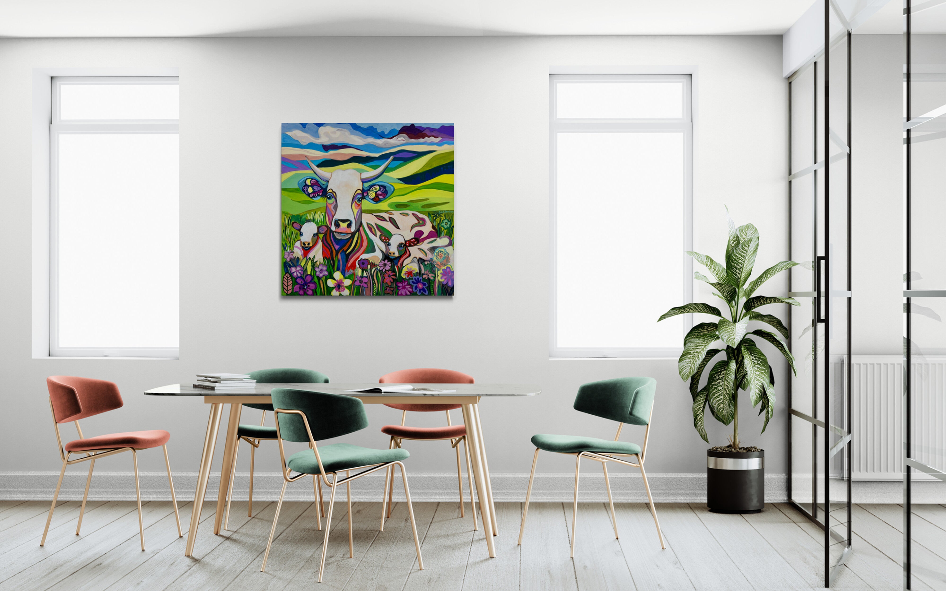 Pop Art Kuh 100x100cm BabyMum Blumenwiese, Kuh zwei Kälbchen Hügellandschaft Wolken, Familie Geborgenheit, Acryl Leinwand Original Fredi Gertsch, in Wohnraum