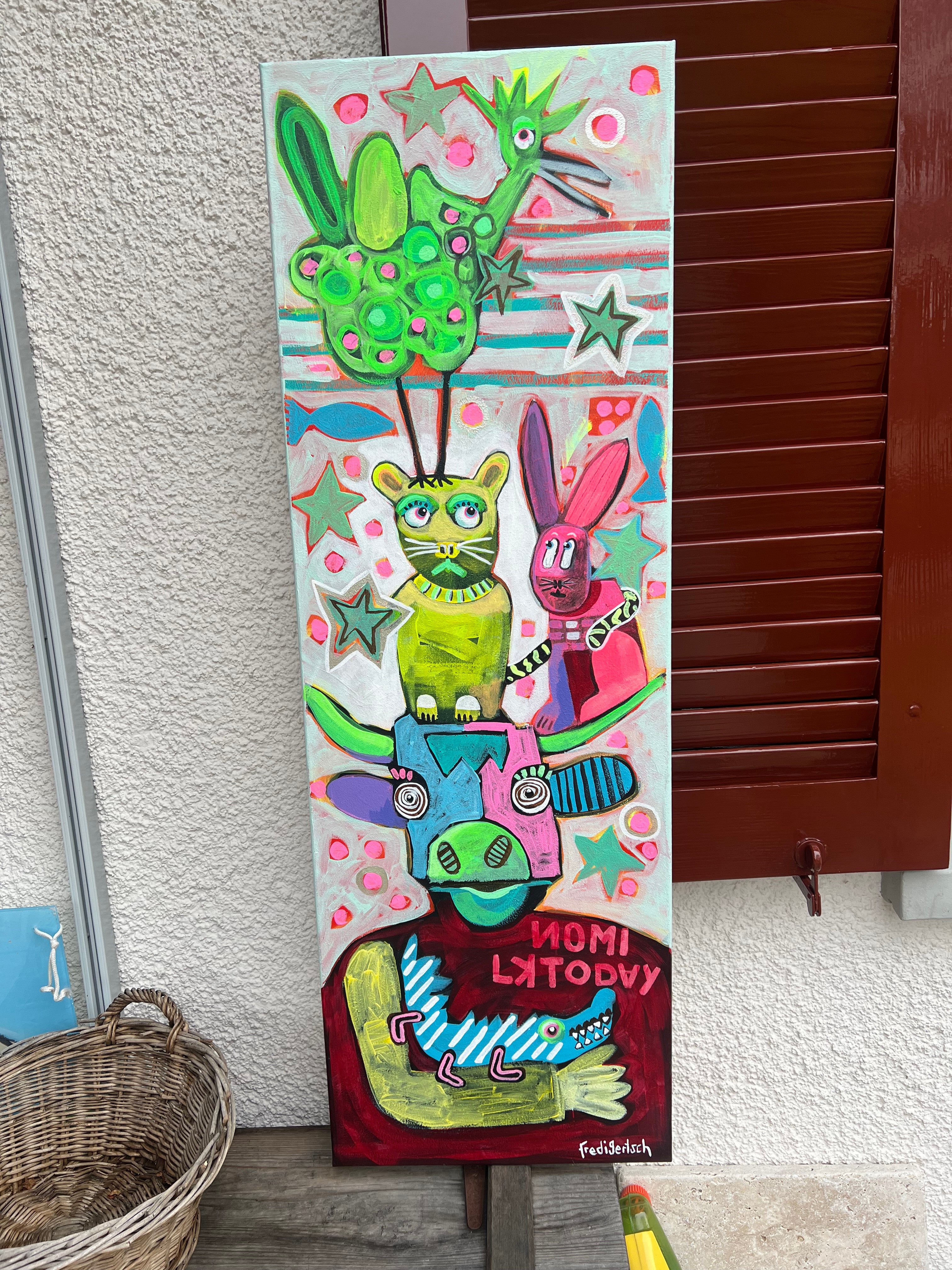 Pop Art 40x120cm Animal Harmony, Bremer Stadtmusikanten modern Kuh Krokodil Hase Katze Huhn Pyramide, Vielfalt Zusammenhalt Gemeinschaft, Acryl Leinwand Original Fredi Gertsch, Aufnahme im Freien