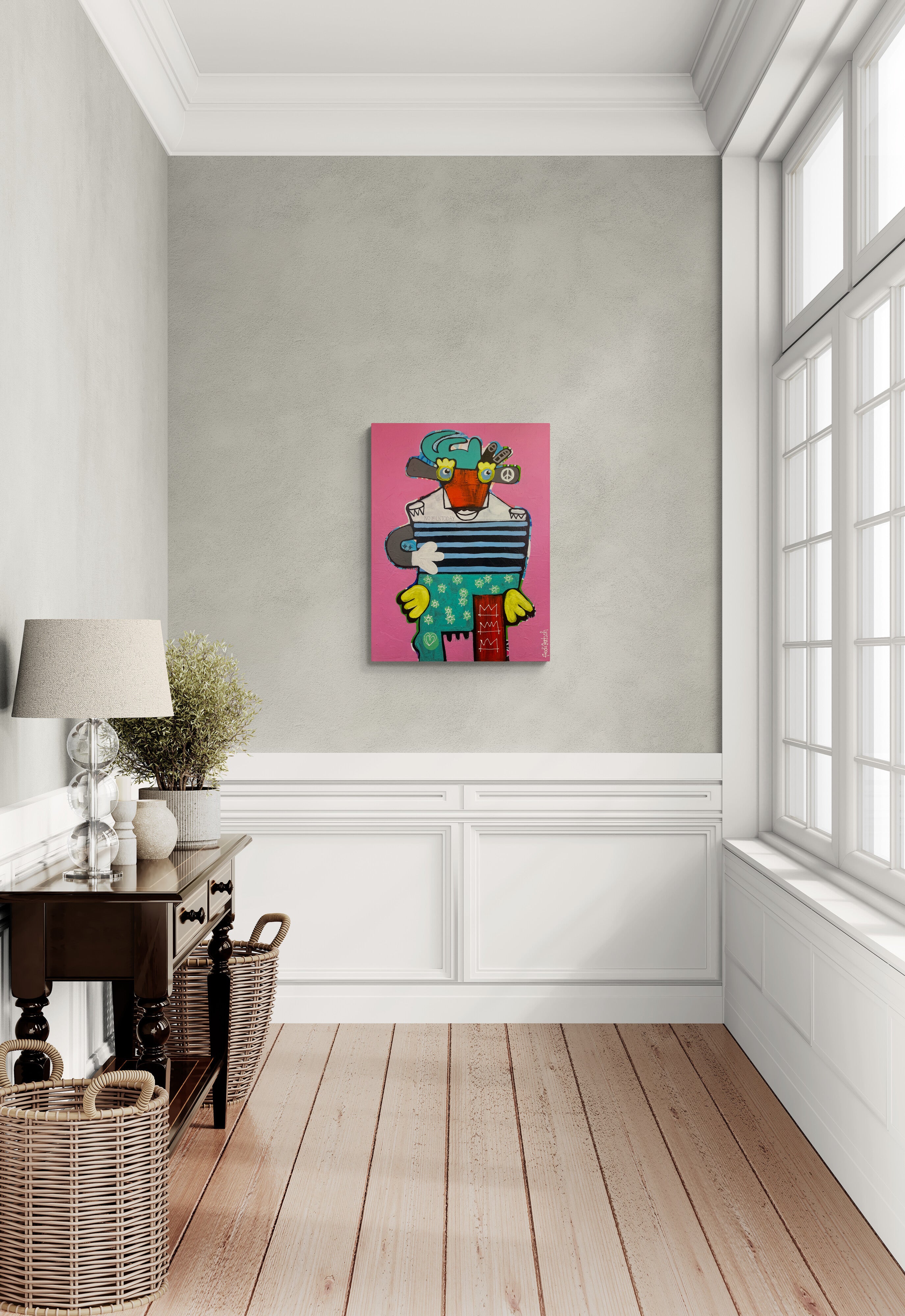 Pop Art 60x80cm No Milk Today, modische Kuh Basquiat-Kronen Peace-Zeichen gestreiftes Leibchen geblümte Hosen Vegan-Statement, Nachhaltigkeit Rebellion, Acryl Leinwand Original Fredi Gertsch, in Wohnraum Gang