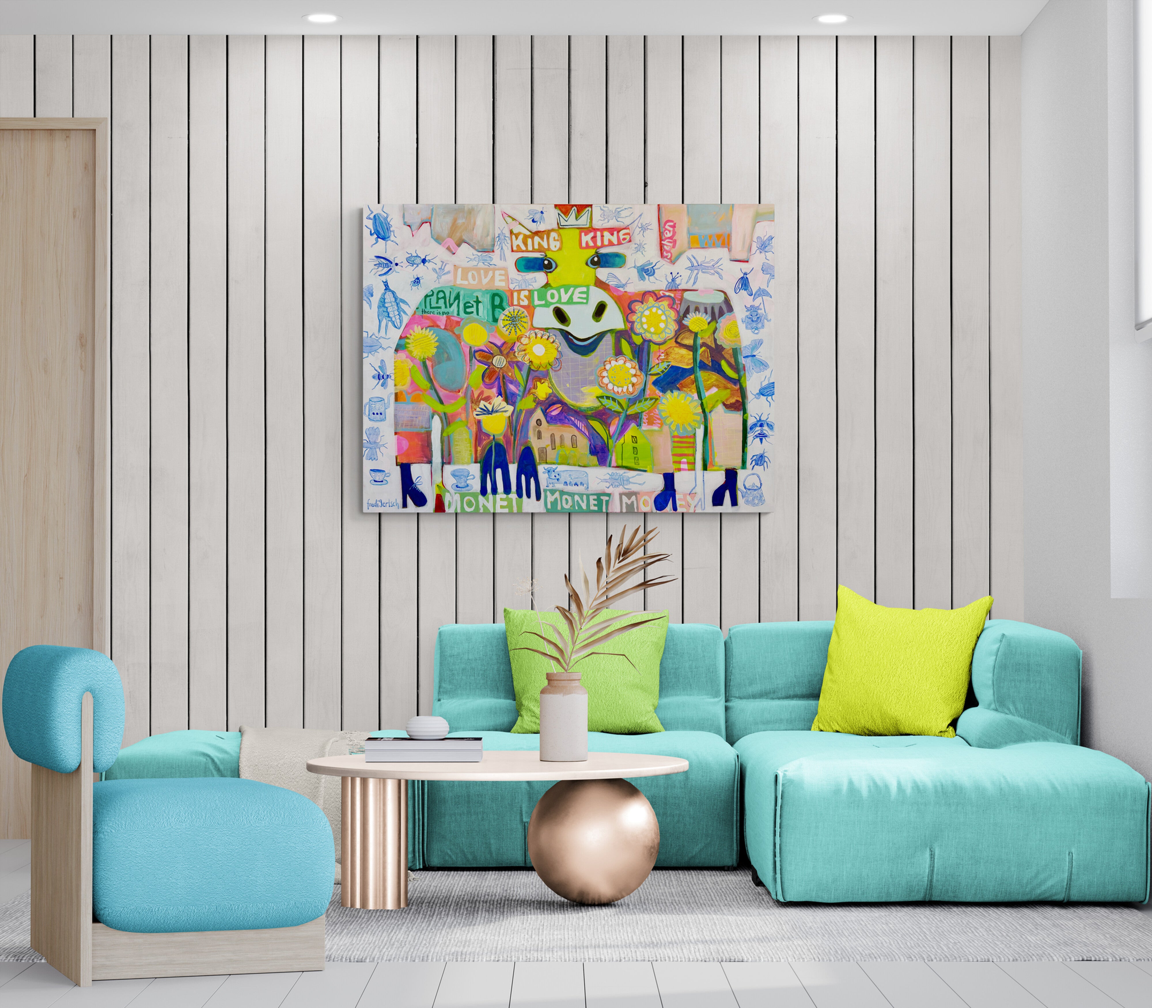 Pop Art Kuh 120x90cm Flower Power Baby, grosse Kuh Blumen blaue Insekten Biodiversität, Nachhaltigkeit Natur, Acryl Leinwand Original Fredi Gertsch, in Wohnraum über Sitzgruppe