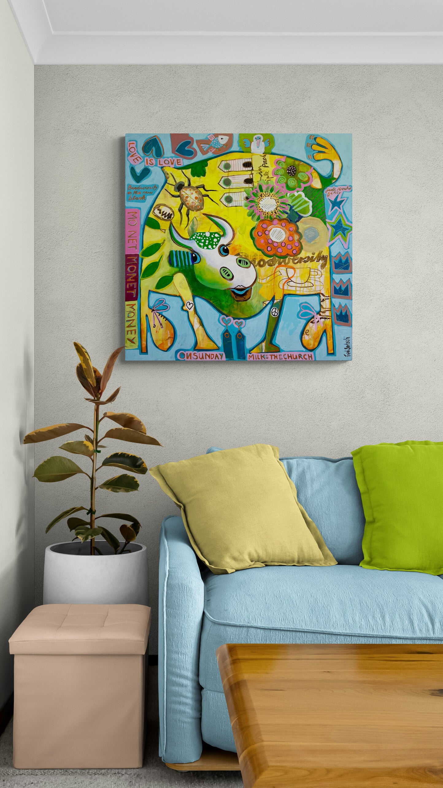 Pop Art Kuh 80x80cm Baby Diversity, Kuh Käfer Blumen Teetasse Biodiversity is the new Black, Biodiversität Natur, Acryl Leinwand Original Fredi Gertsch, in Wohnraum