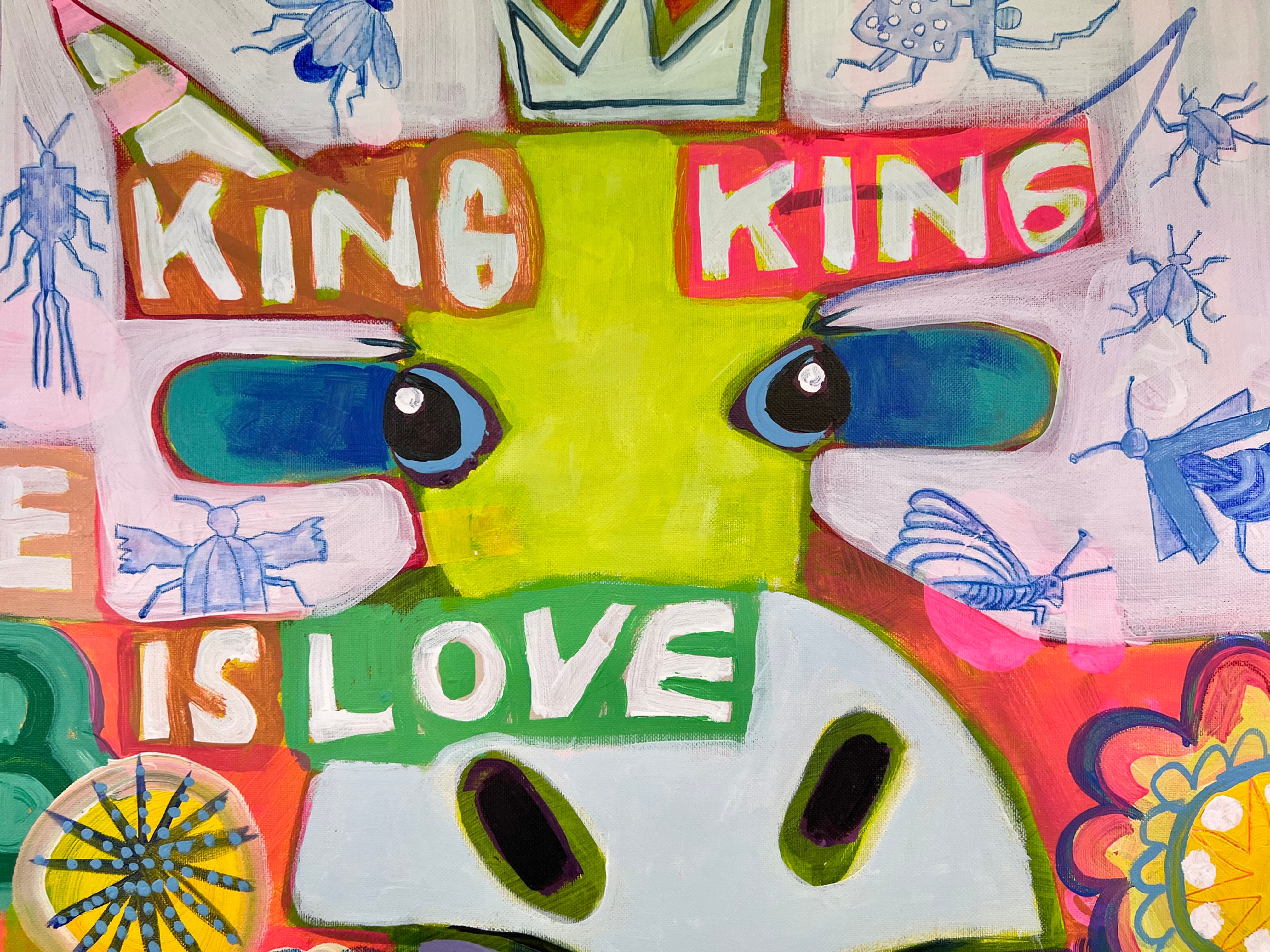 Pop Art Kuh 120x90cm Flower Power Baby, grosse Kuh Blumen blaue Insekten Biodiversität, Nachhaltigkeit Natur, Acryl Leinwand Original Fredi Gertsch, Detailansicht King is King, Love is Love