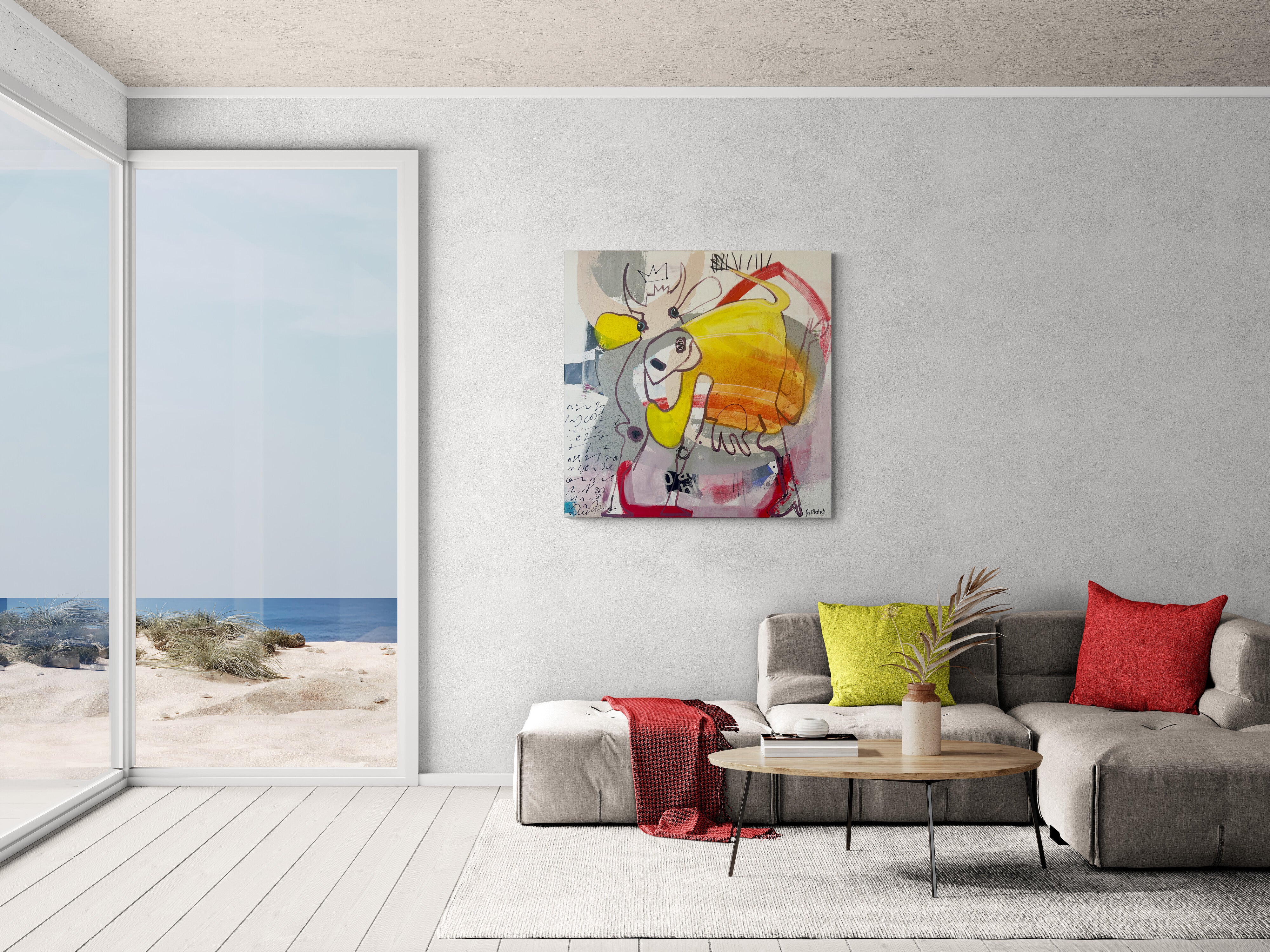 Pop Art 100x100cm Hoppala, springende Kuh Stöckelschuhe Krone Stenografie Lebensfreude Selbstbewusstsein, tricky situation Serie, Mixed Media Leinwand Original Fredi Gertsch, in Wohnraum mit Fenster