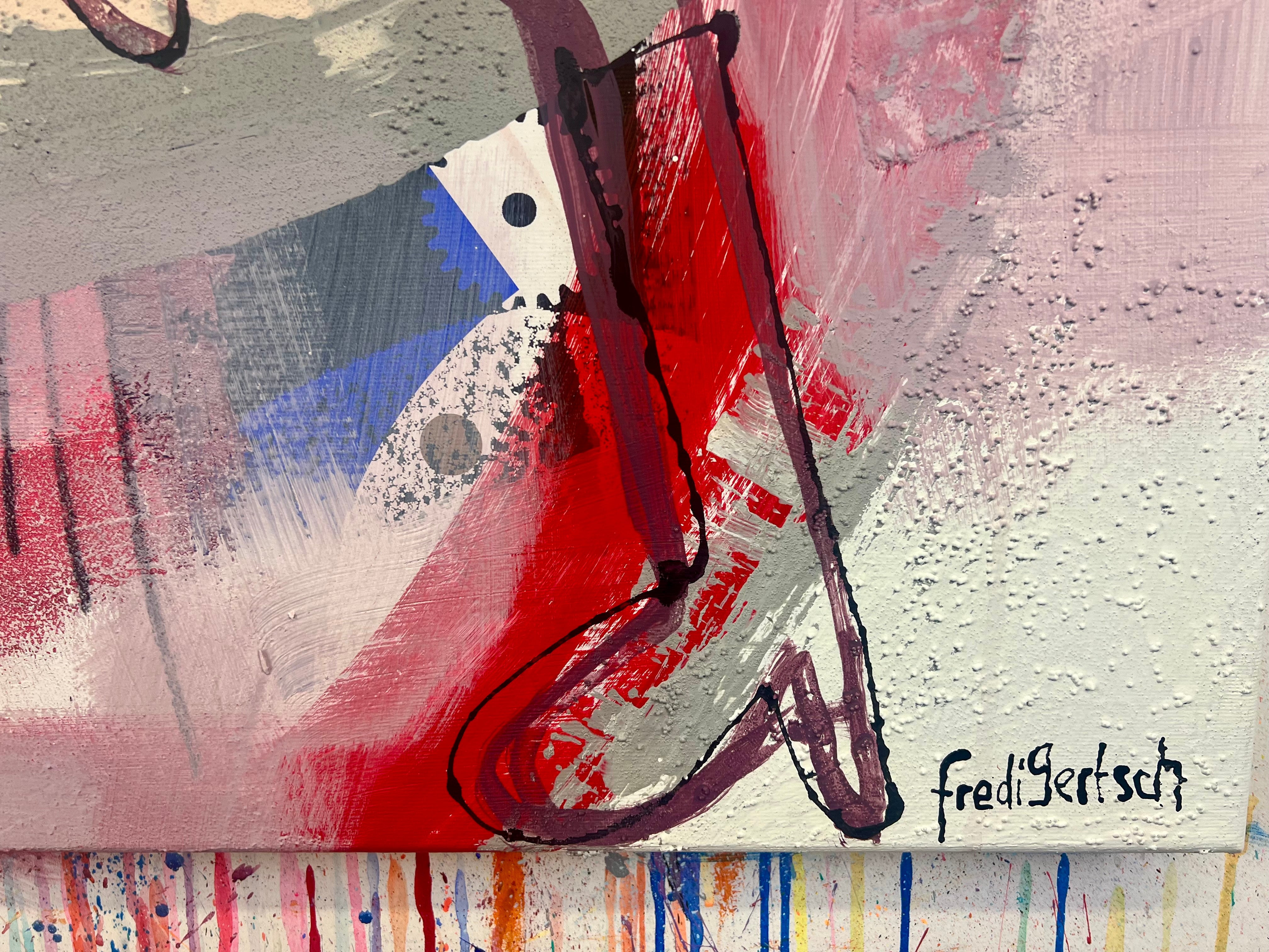 Pop Art 100x100cm Hoppala, springende Kuh Stöckelschuhe Krone Stenografie Lebensfreude Selbstbewusstsein, tricky situation Serie, Mixed Media Leinwand Original Fredi Gertsch, Detailansicht Signatur