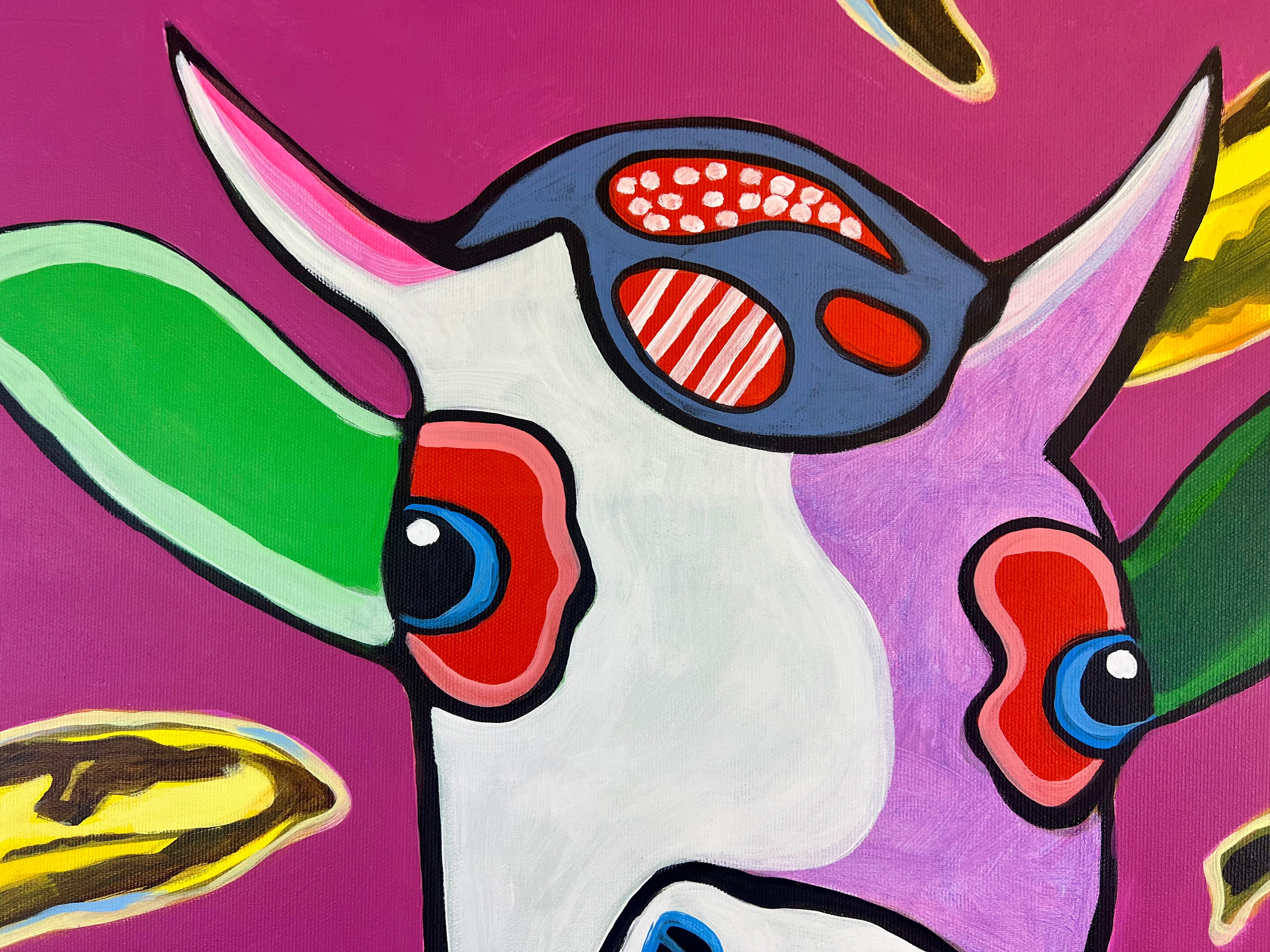 Pop Art 80x80cm Baby Meets Andy, Baby-Kuh Andy Warhol gelbe Bananen pink Hintergrund Velvet Underground, Kreativität Originalität, Baby Meets Serie, Acryl Leinwand Original Fredi Gertsch, Detailansicht Kuhkopf