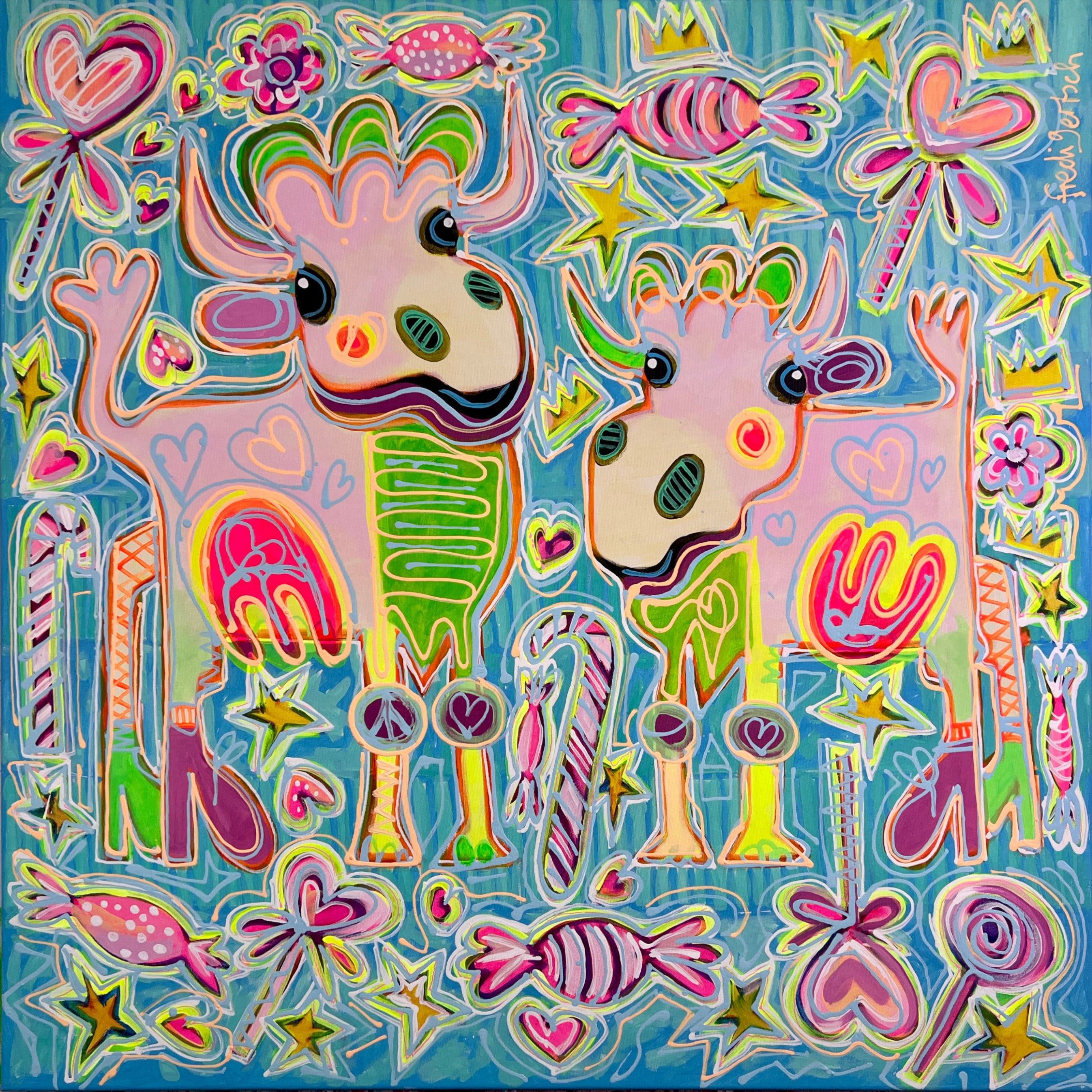 Pop Art Kühe 90x90cm Sugar Candy, zwei Kühe High Heels Süssigkeiten Schleckstengel Herzen, Humor Lebensfreude, Acryl Leinwand Original Fredi Gertsch