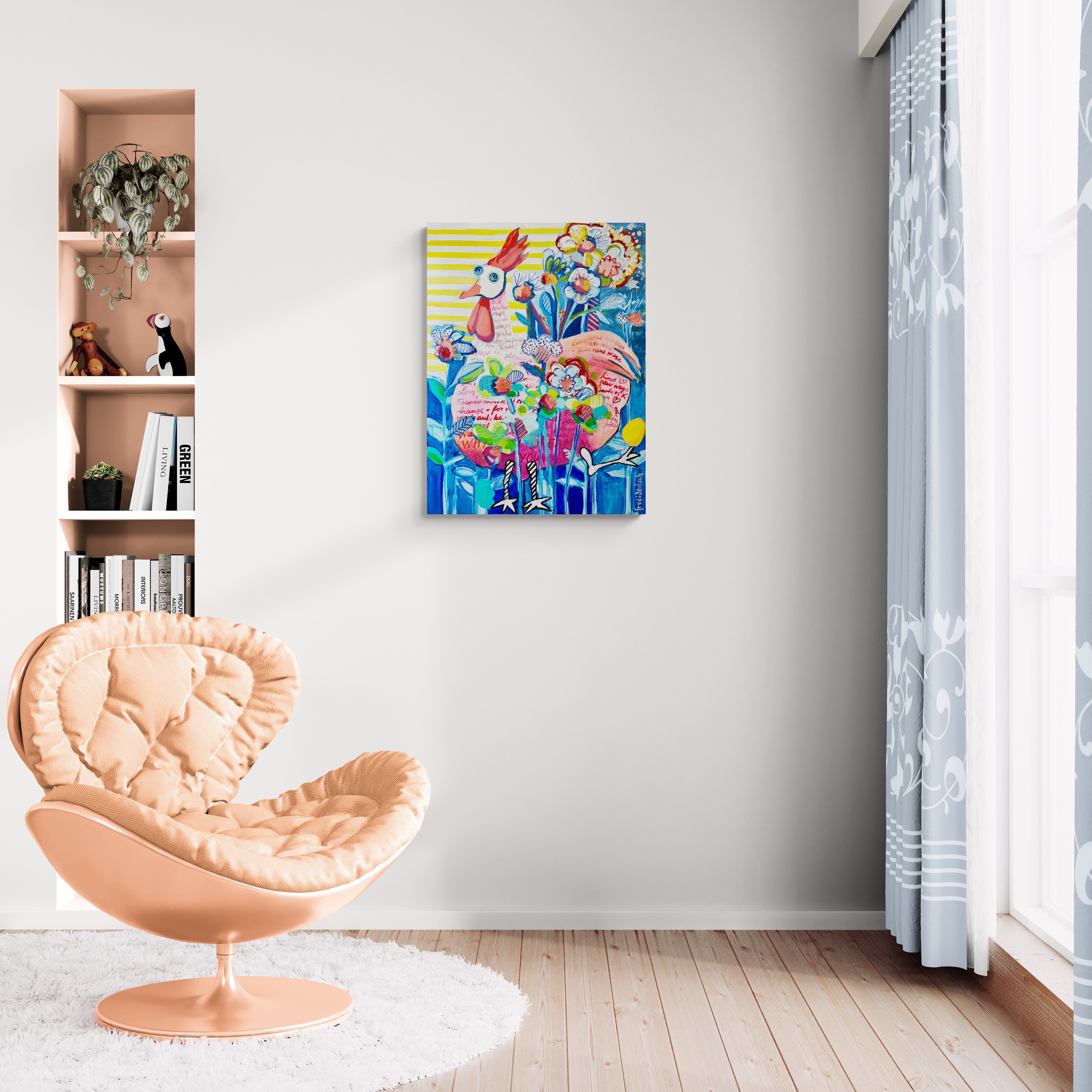 Pop Art Huhn 60x80cm ChickenBloom, fröhliches Huhn Blumenwiese finde neue Wege Natur, Aufbruch Serie, Acryl Leinwand Original Fredi Gertsch, in Wohnraum