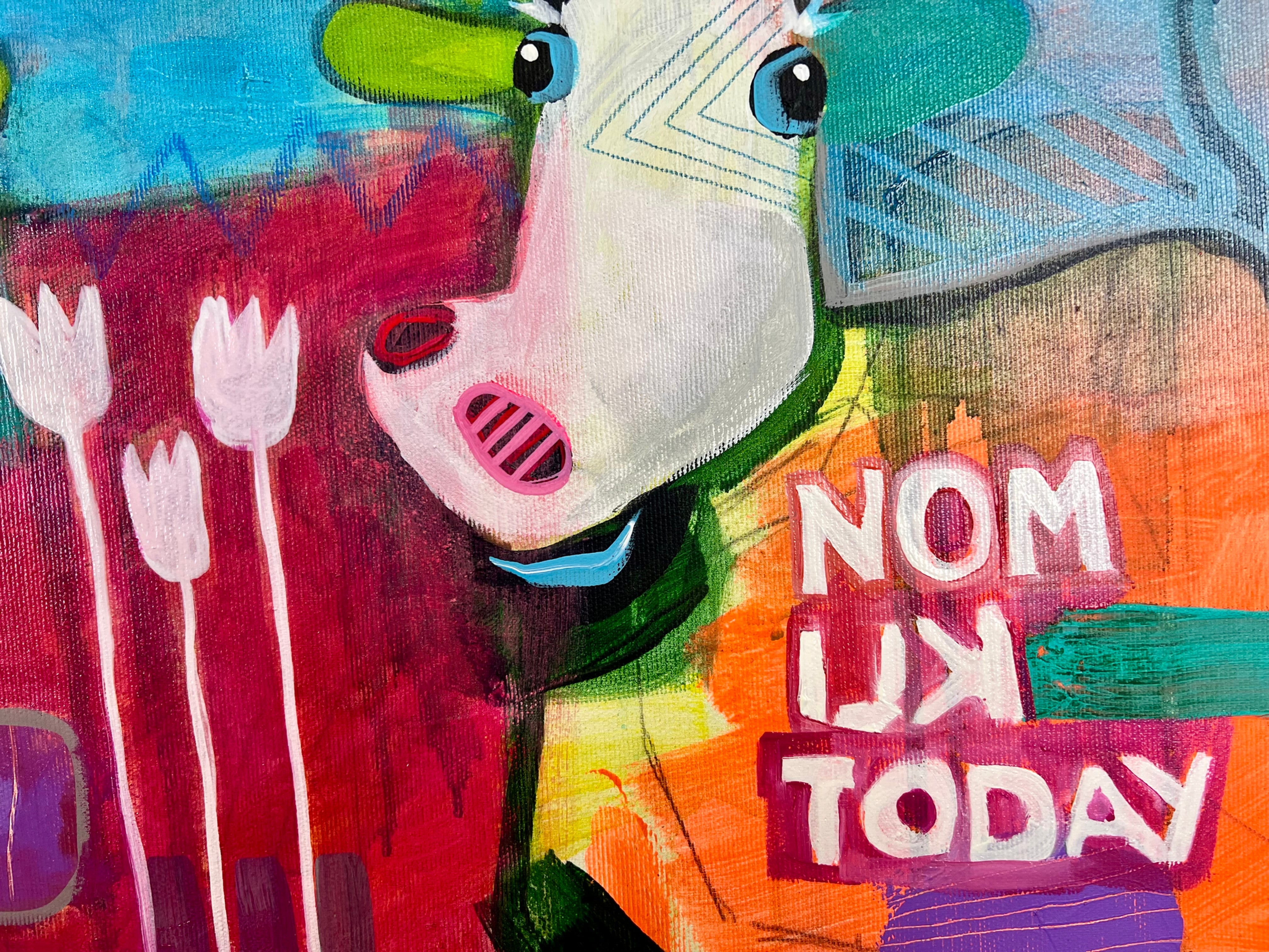 Pop Art 120x40cm Alpaufzug, fünf fröhliche Kühe Krone Sterne No Milk Today Schweizer Tradition Gemeinschaft Lebensfreude, Acryl Leinwand Original Fredi Gertsch, Detailansicht Schrift