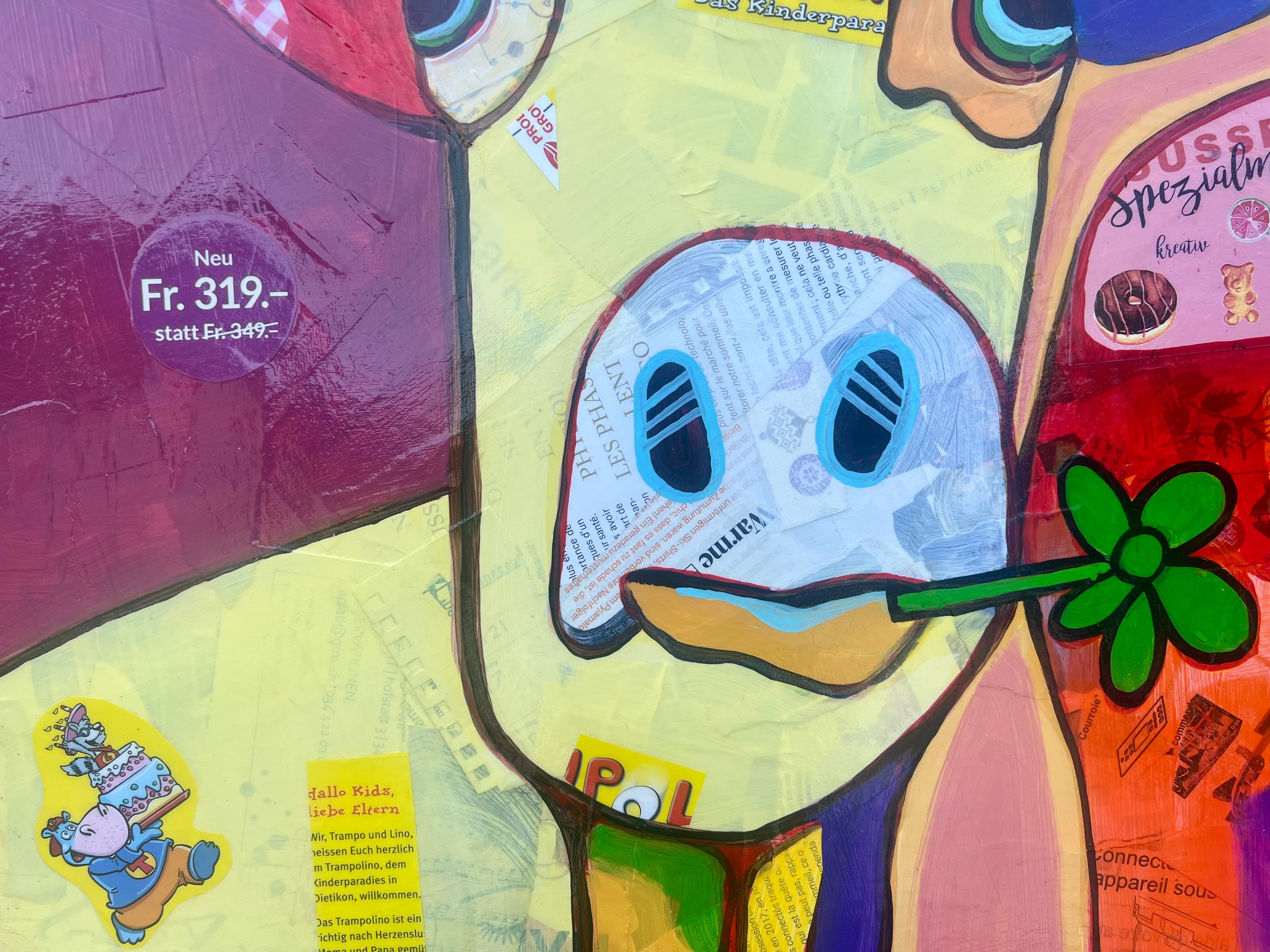 Pop Art 80x80cm Baby Meets Marilyn, Baby-Kuh Pop-Ikone Collage Comics Prospekte, Baby Meets Serie Humor, Mixed Media Leinwand Original Fredi Gertsch, Detailansicht Blume im Mund