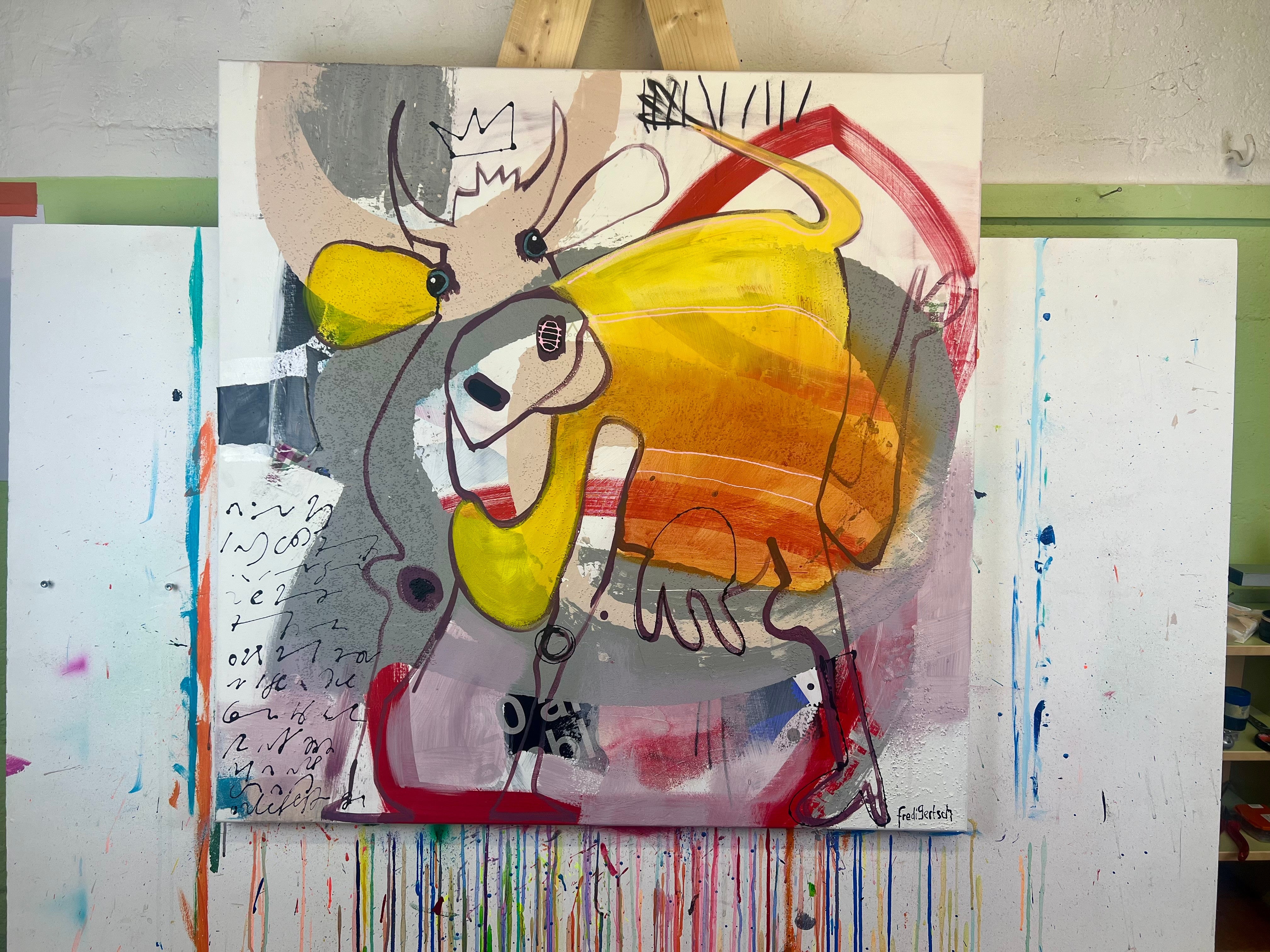 Pop Art 100x100cm Hoppala, springende Kuh Stöckelschuhe Krone Stenografie Lebensfreude Selbstbewusstsein, tricky situation Serie, Mixed Media Leinwand Original Fredi Gertsch, auf Staffelei