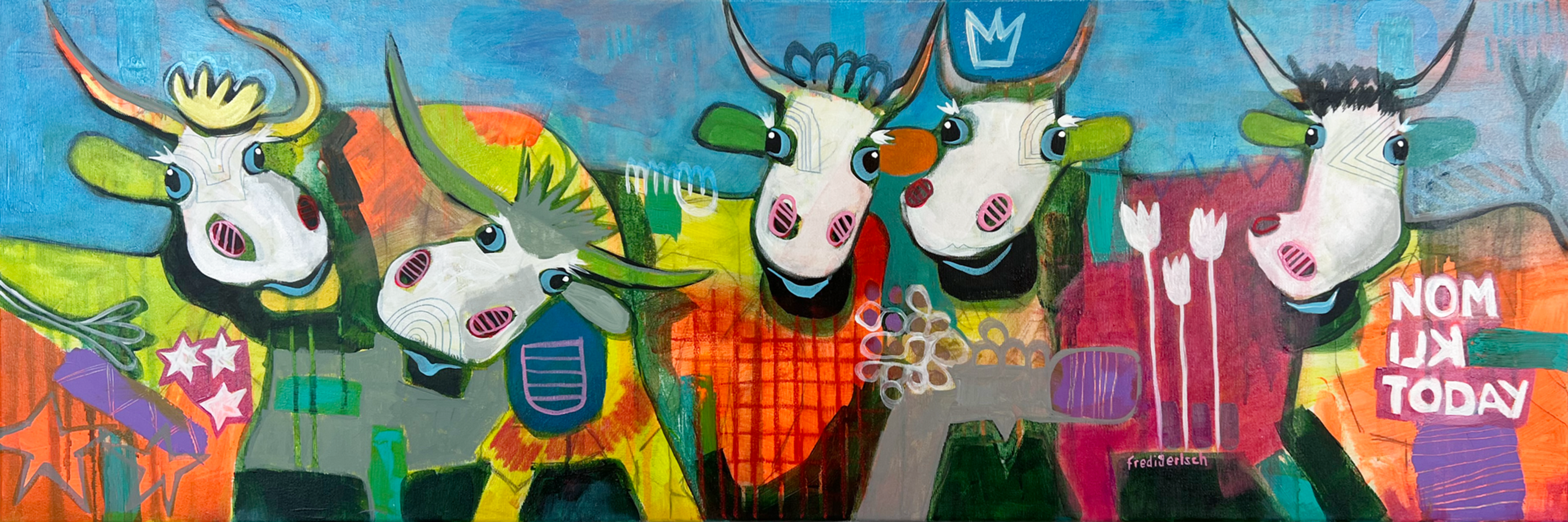 Pop Art 120x40cm Alpaufzug, fünf fröhliche Kühe Krone Sterne No Milk Today Schweizer Tradition Gemeinschaft Lebensfreude, Acryl Leinwand Original Fredi Gertsch