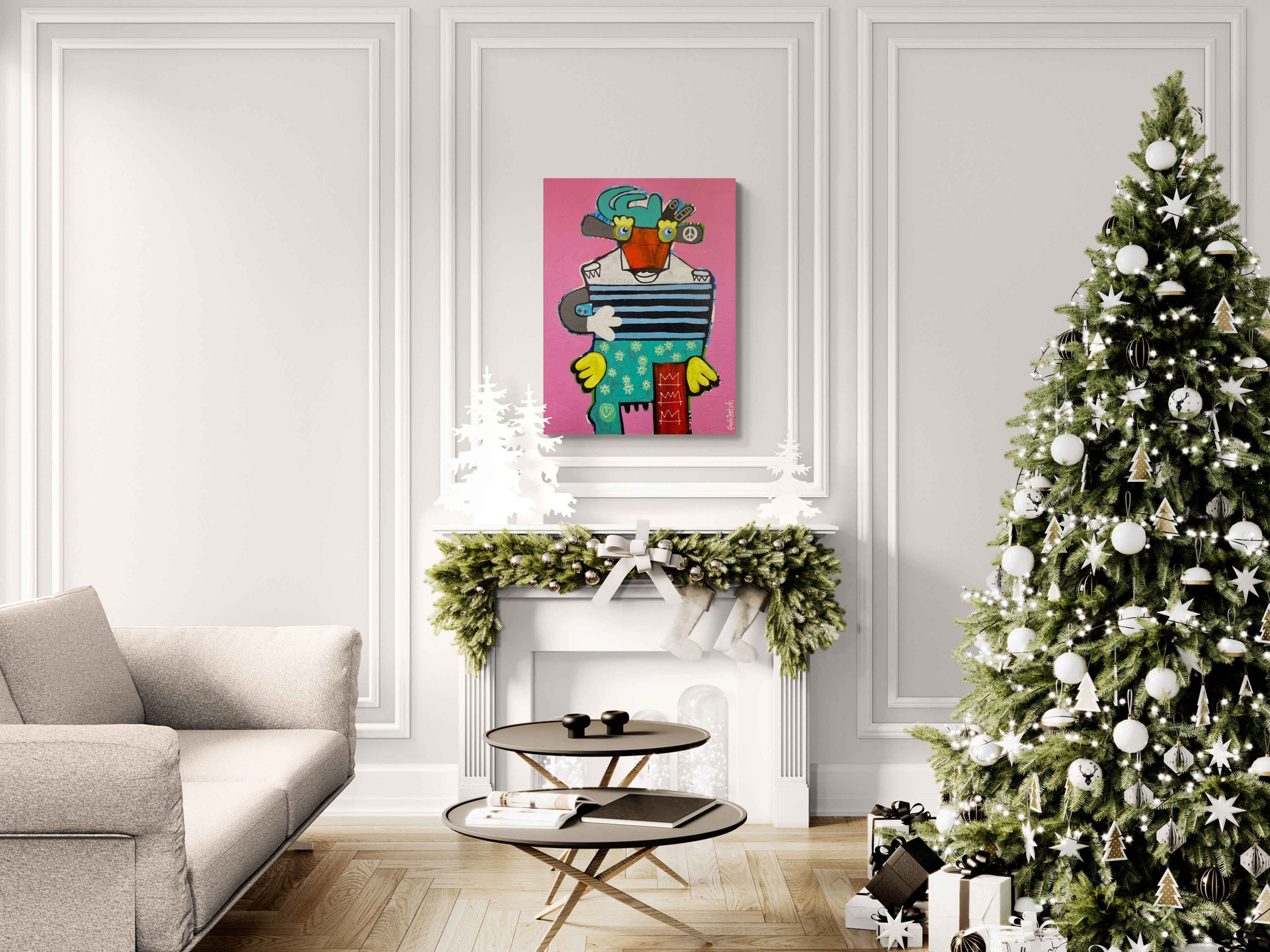 Pop Art 60x80cm No Milk Today, modische Kuh Basquiat-Kronen Peace-Zeichen gestreiftes Leibchen geblümte Hosen Vegan-Statement, Nachhaltigkeit Rebellion, Acryl Leinwand Original Fredi Gertsch, in Wohnraum mit Weihnachtsbaum