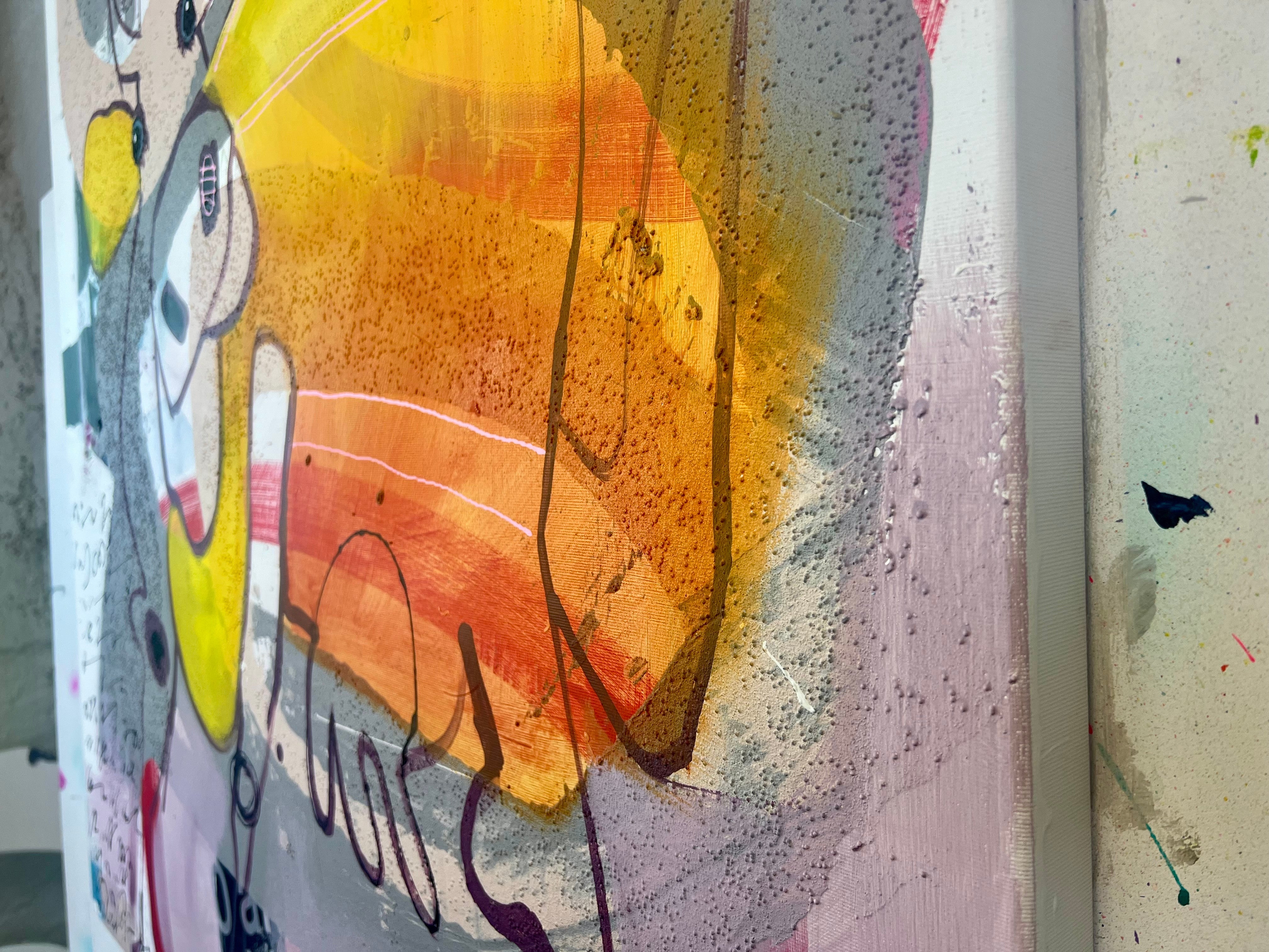 Pop Art 100x100cm Hoppala, springende Kuh Stöckelschuhe Krone Stenografie Lebensfreude Selbstbewusstsein, tricky situation Serie, Mixed Media Leinwand Original Fredi Gertsch, Seitenansicht