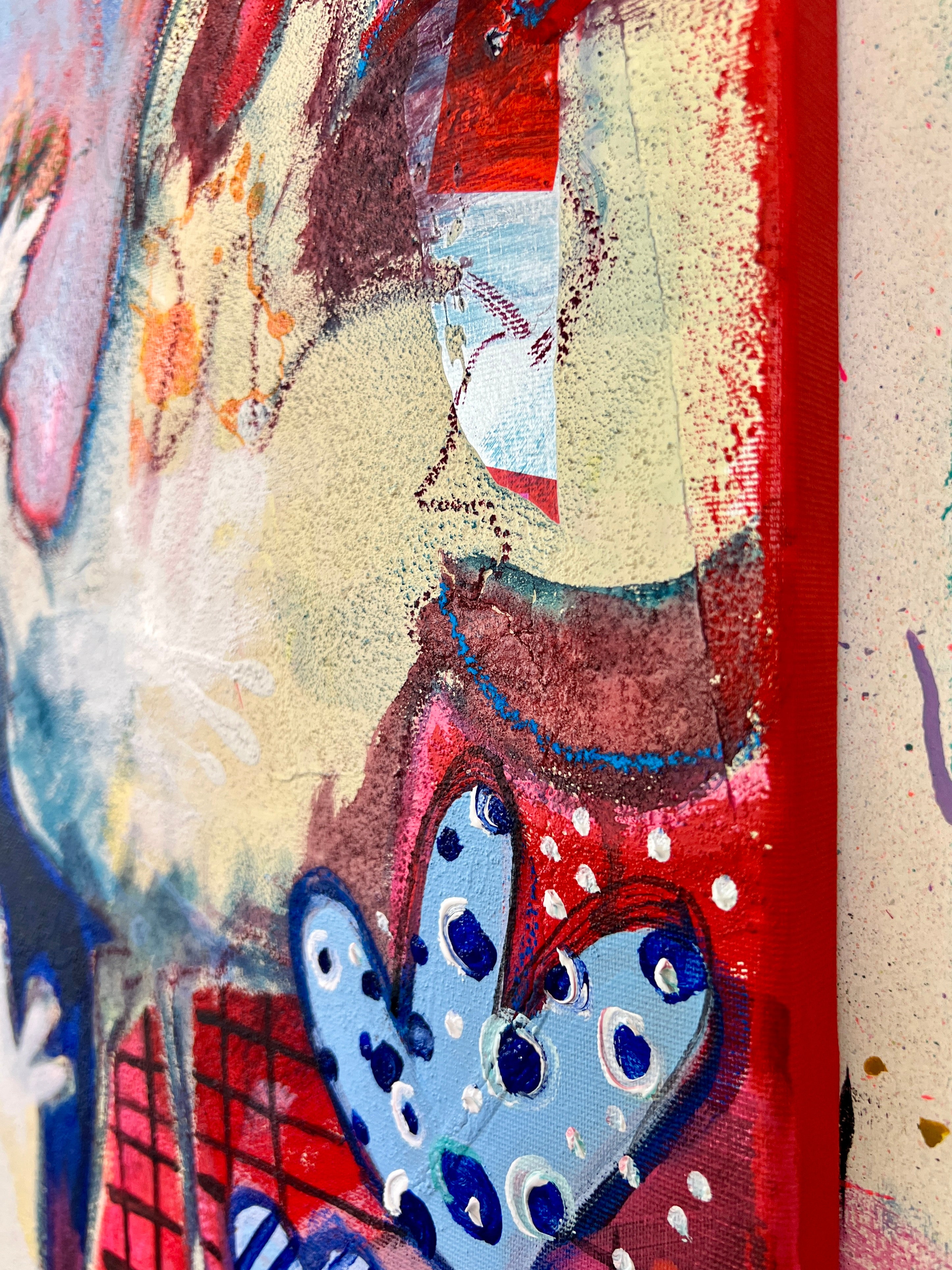 Pop Art Kuh 80x80cm We are family, Mutterkuh Kälbchen zwei Hühner Dorf, Familie Geborgenheit Zusammenhalt, Mixed Media Leinwand Original Fredi Gertsch, Seitenansicht