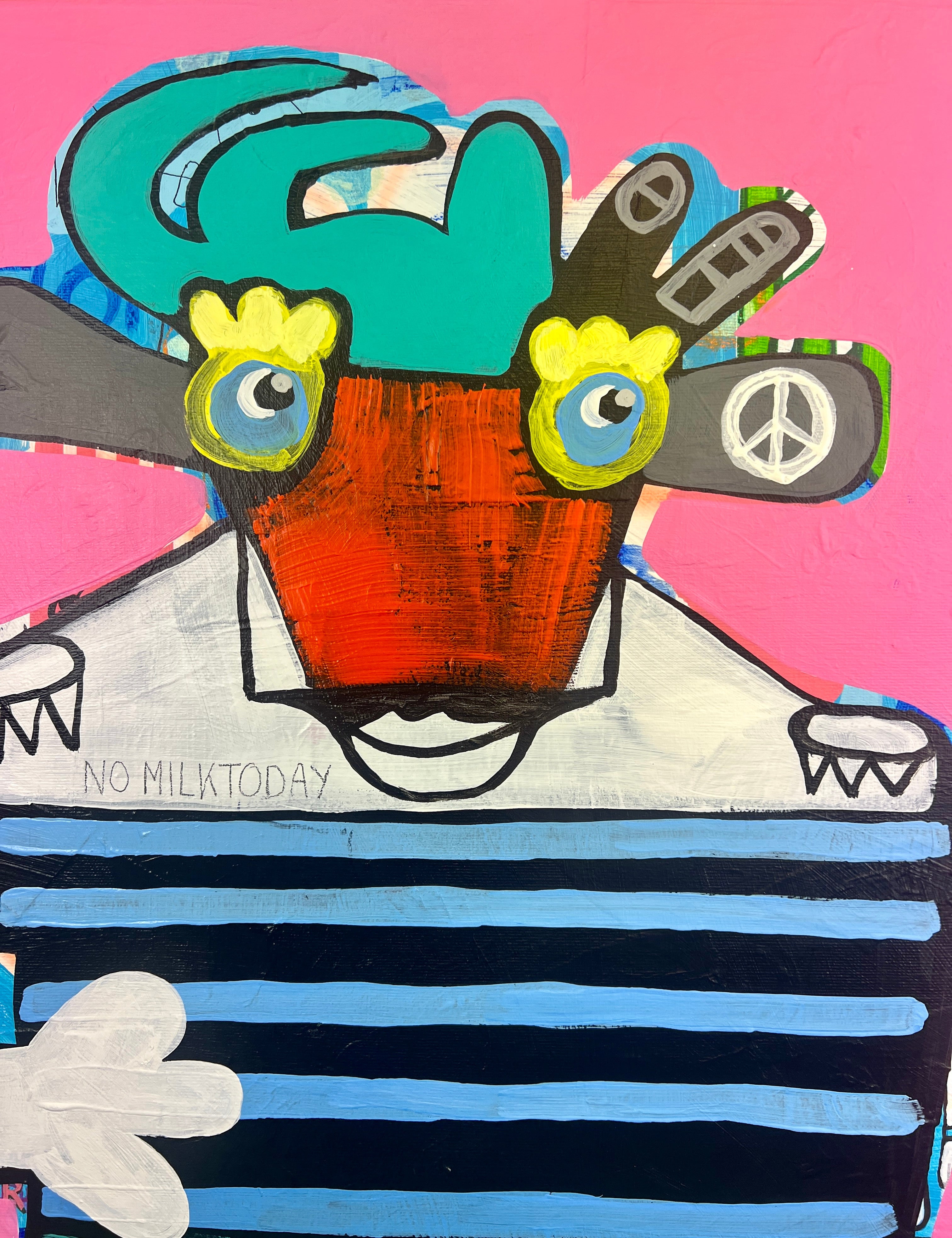 Pop Art 60x80cm No Milk Today, modische Kuh Basquiat-Kronen Peace-Zeichen gestreiftes Leibchen geblümte Hosen Vegan-Statement, Nachhaltigkeit Rebellion, Acryl Leinwand Original Fredi Gertsch, Detailansicht Schrift