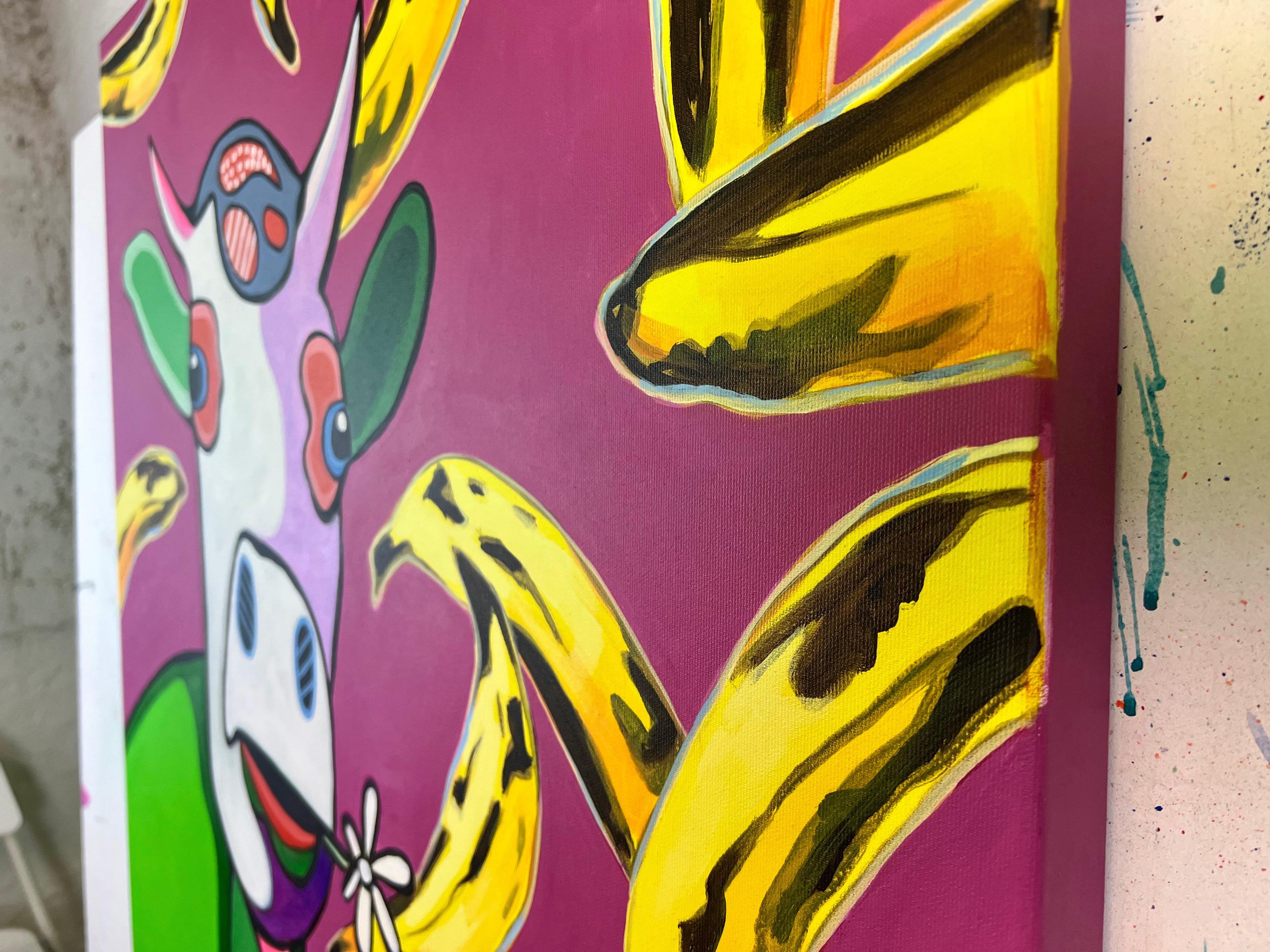 Pop Art 80x80cm Baby Meets Andy, Baby-Kuh Andy Warhol gelbe Bananen pink Hintergrund Velvet Underground, Kreativität Originalität, Baby Meets Serie, Acryl Leinwand Original Fredi Gertsch, Seitenansicht