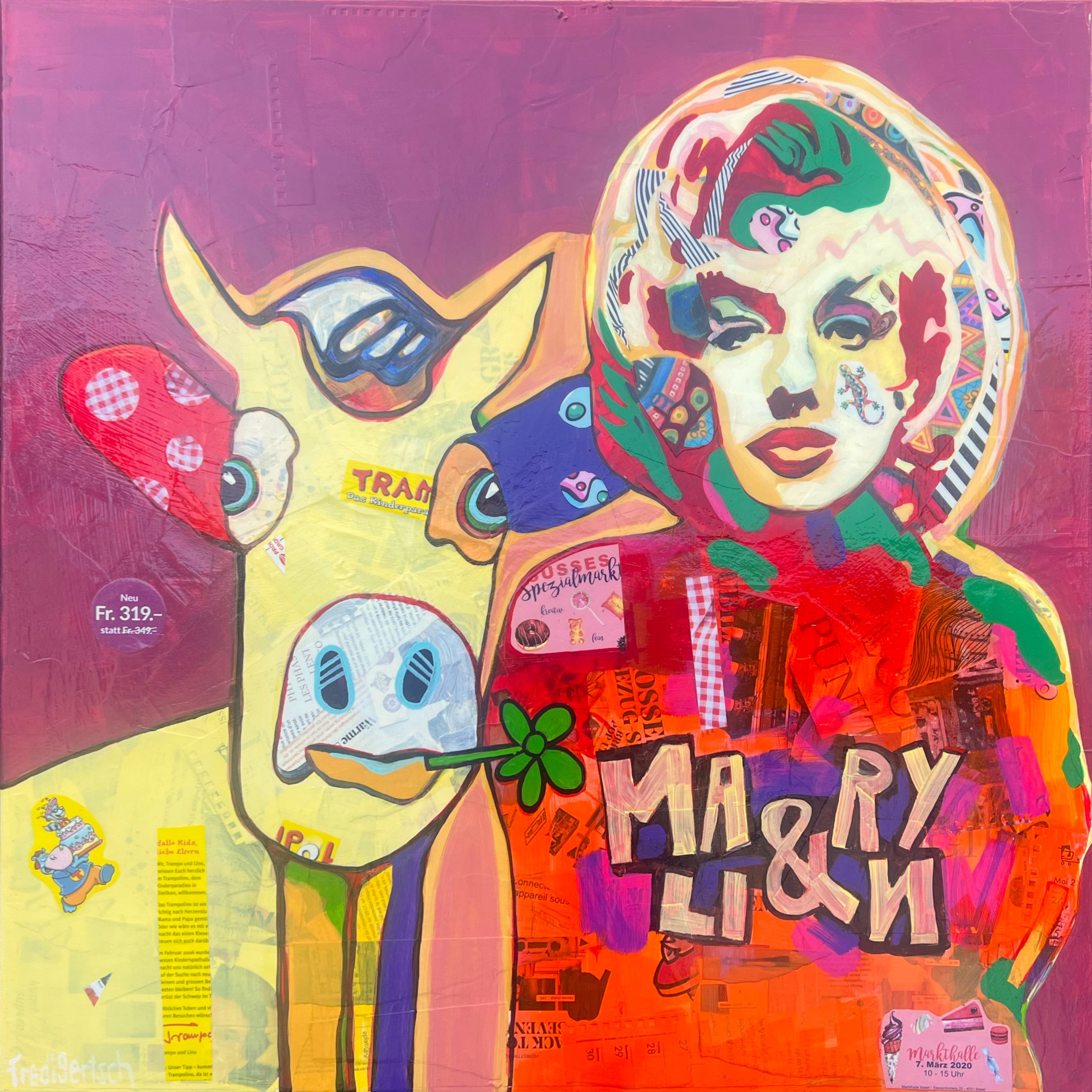 Pop Art 80x80cm Baby Meets Marilyn, Baby-Kuh Pop-Ikone Collage Comics Prospekte, Baby Meets Serie Humor, Mixed Media Leinwand Original Fredi Gertsch