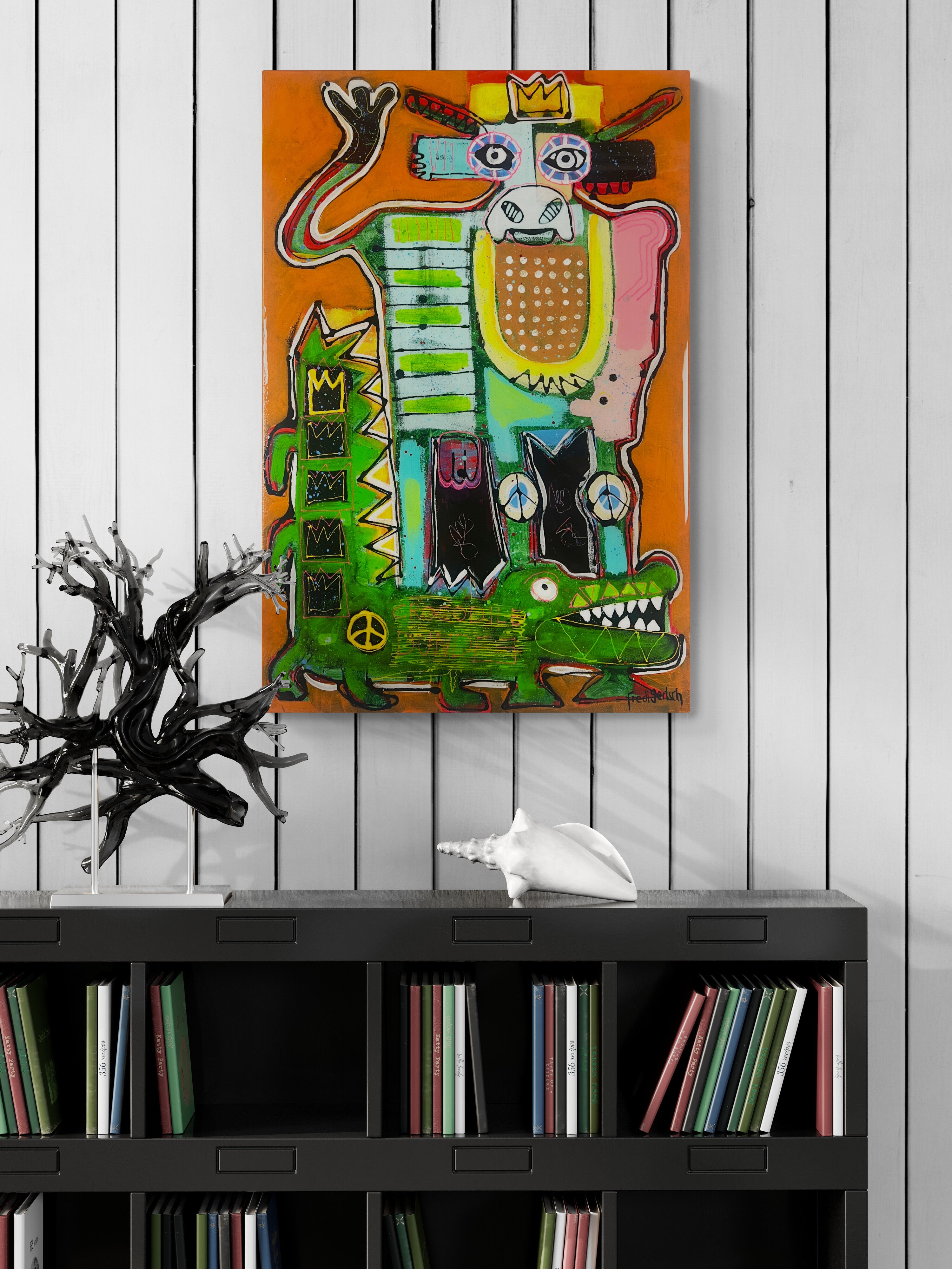 Street Art 60x90cm Crocodile Dundee, gekrönte Kuh Krokodil fünf Kronen Stärke Mut, Wild Royals Serie, Acryl Acrylharz Leinwand Original Fredi Gertsch, in Wohnraum
