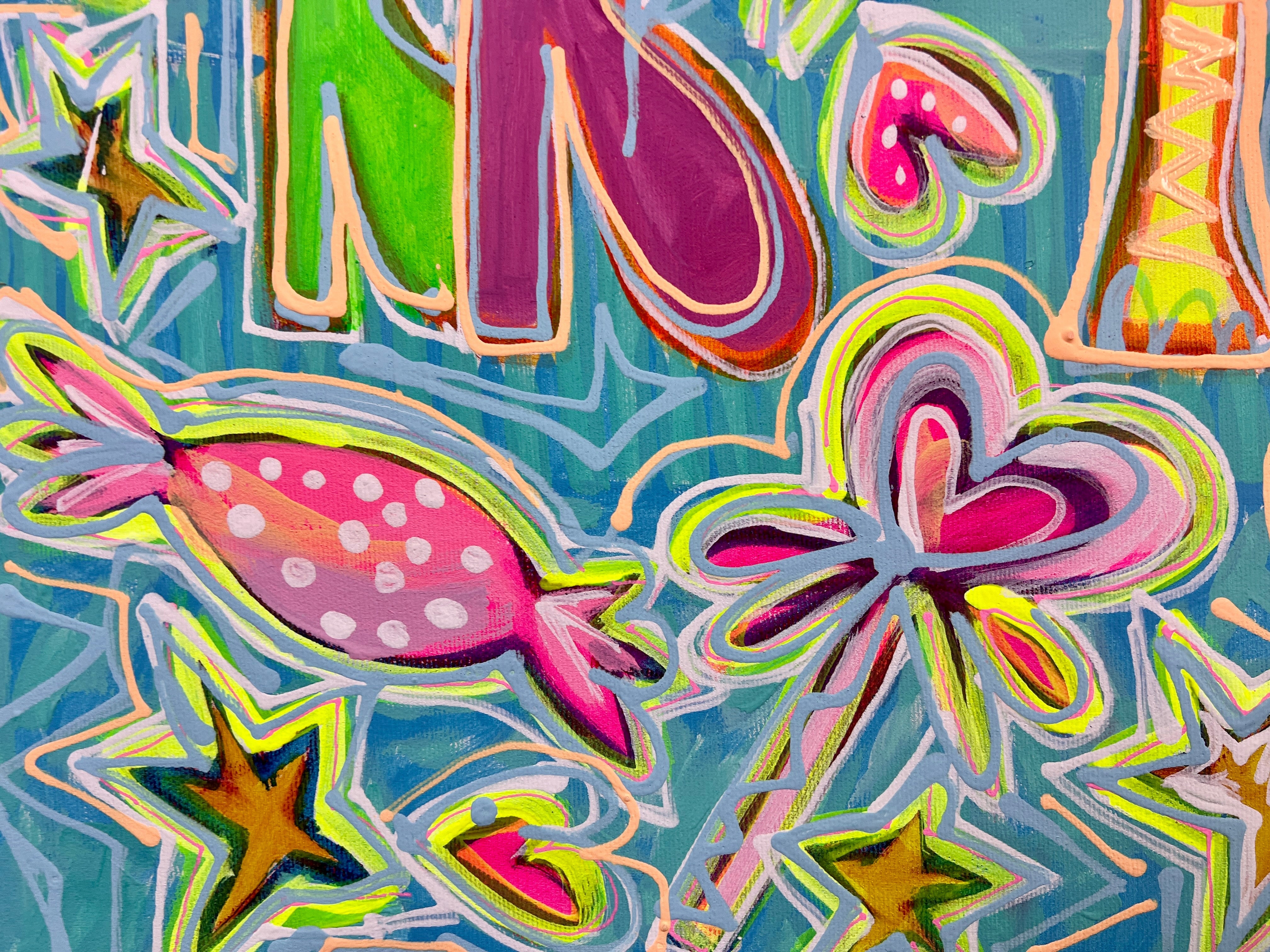 Pop Art Kühe 90x90cm Sugar Candy, zwei Kühe High Heels Süssigkeiten Schleckstengel Herzen, Humor Lebensfreude, Acryl Leinwand Original Fredi Gertsch, Detailansicht Süssigkeiten