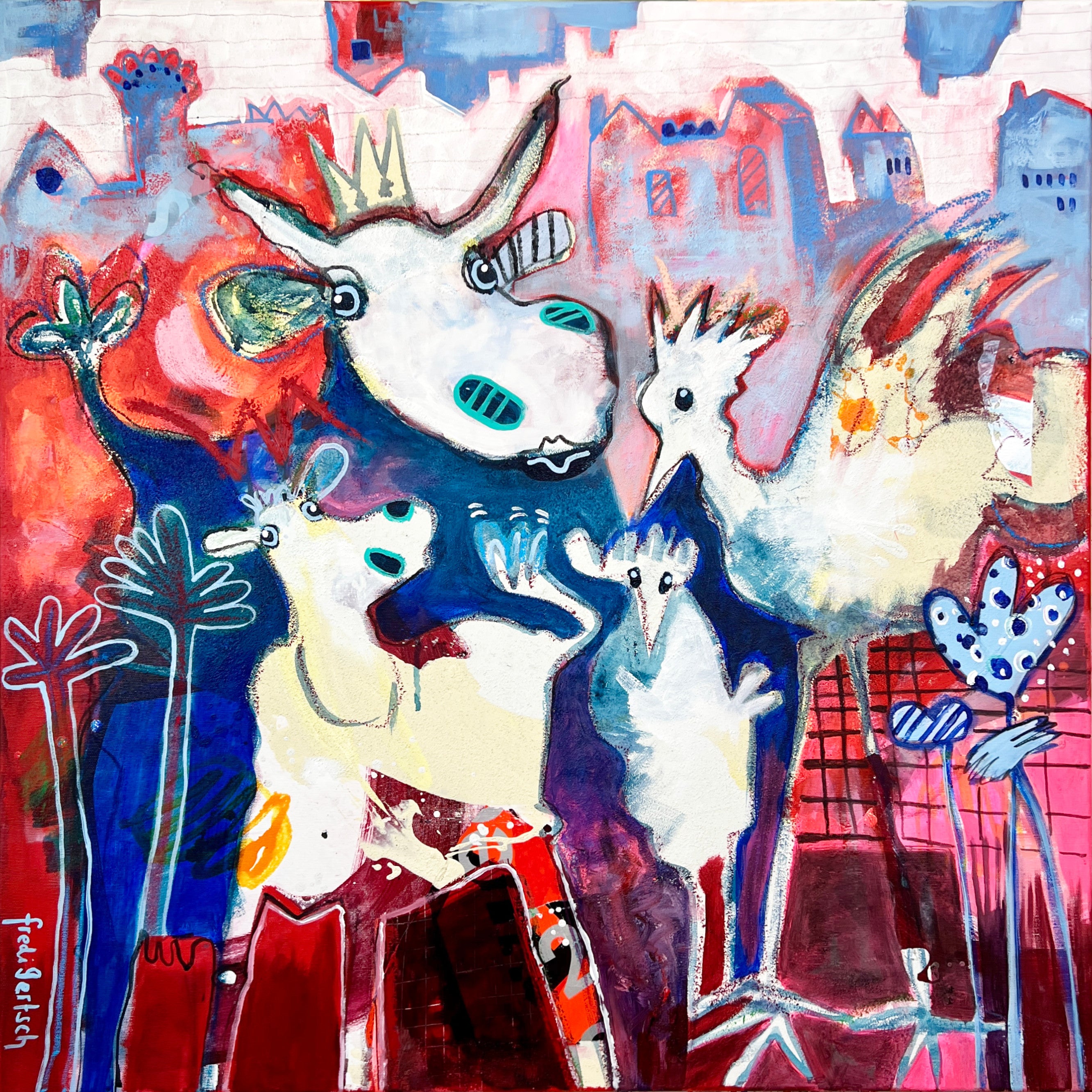 Pop Art Kuh 80x80cm We are family, Mutterkuh Kälbchen zwei Hühner Dorf, Familie Geborgenheit Zusammenhalt, Mixed Media Leinwand Original Fredi Gertsch