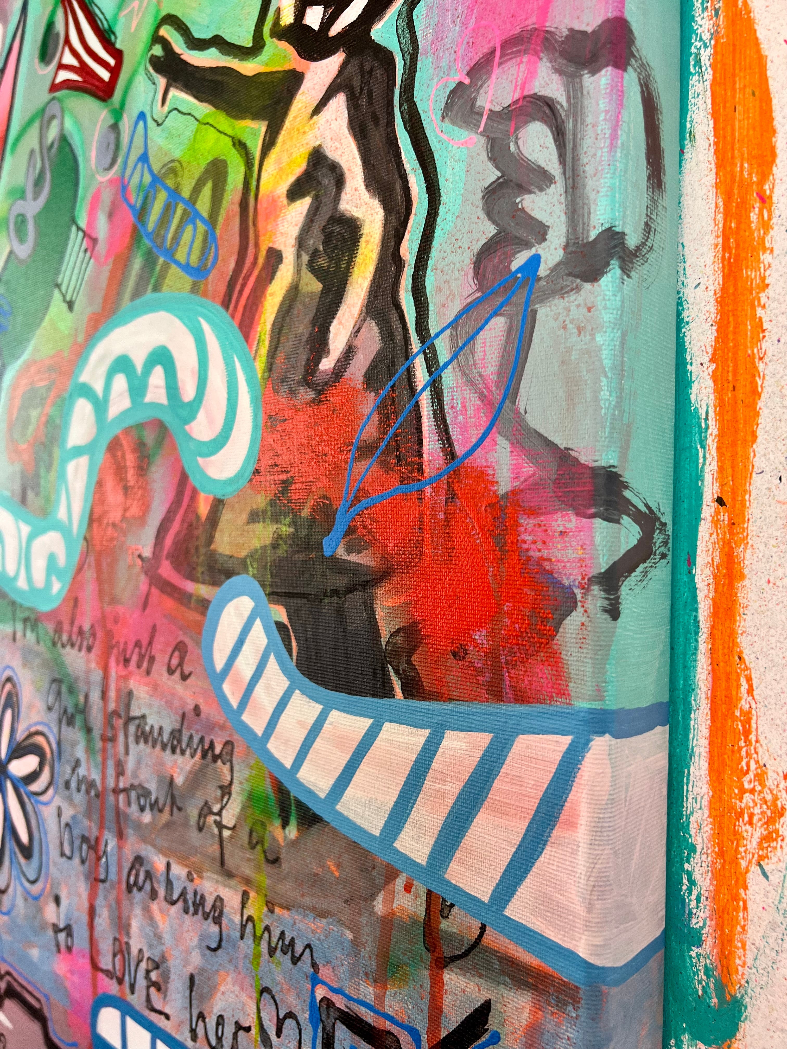 Pop Art 80x80cm Baby Meets Banksy, Baby-Kuh Street Art Gewimmel Banksy Mädchen Ballon Fische Herzen Symbole, Mut Liebe Individualität, Acryl Leinwand Original Fredi Gertsch, Seitenansicht