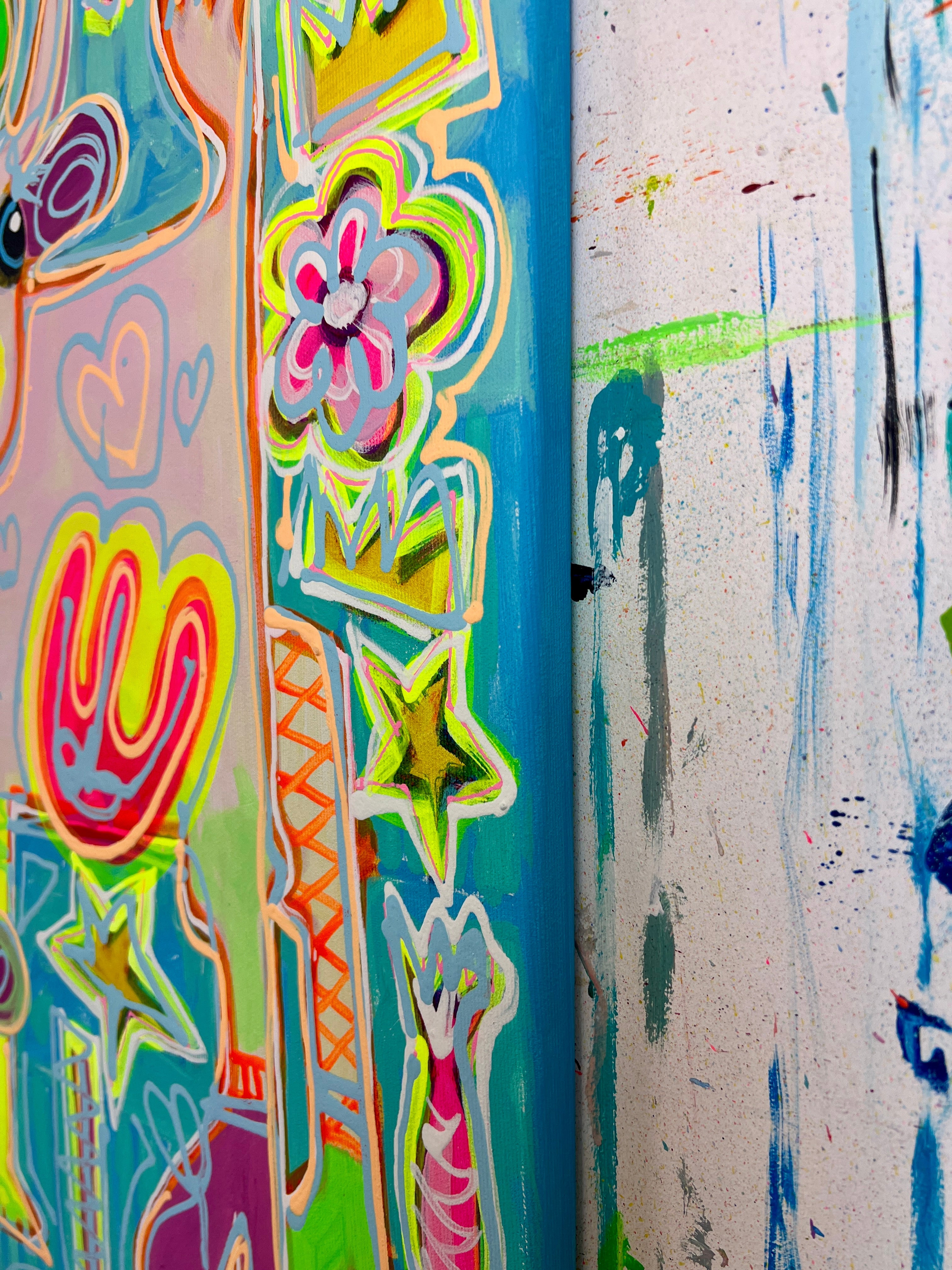 IPop Art Kühe 90x90cm Sugar Candy, zwei Kühe High Heels Süssigkeiten Schleckstengel Herzen, Humor Lebensfreude, Acryl Leinwand Original Fredi Gertsch, Seitenansicht