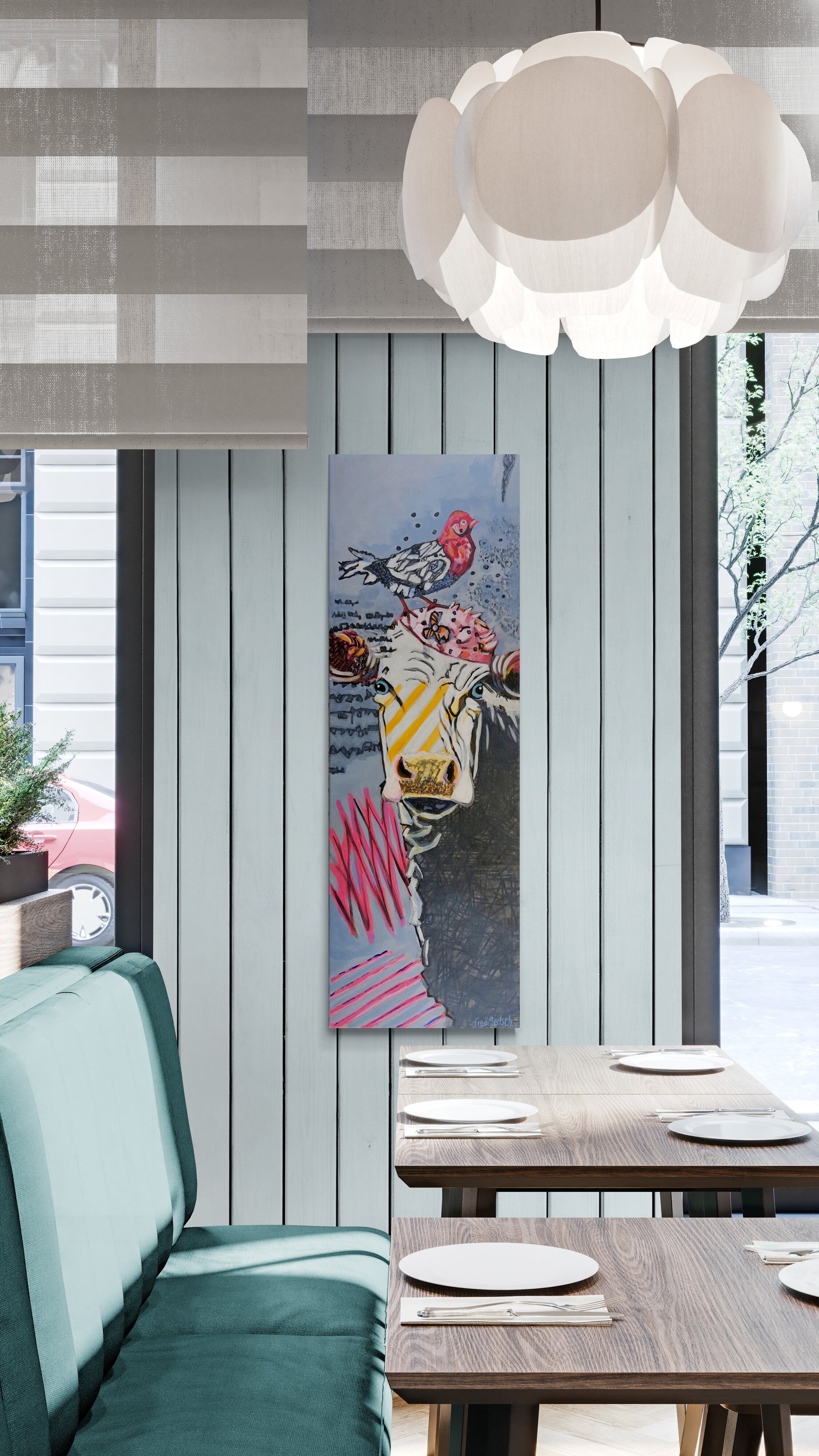 Street Art 40x120cm Baby Bird, Kuh Mütze Vogel schriftähnliche Zeichen Kreativität Individualität urbaner Charme, Acryl Leinwand Original Fredi Gertsch, Restaurant