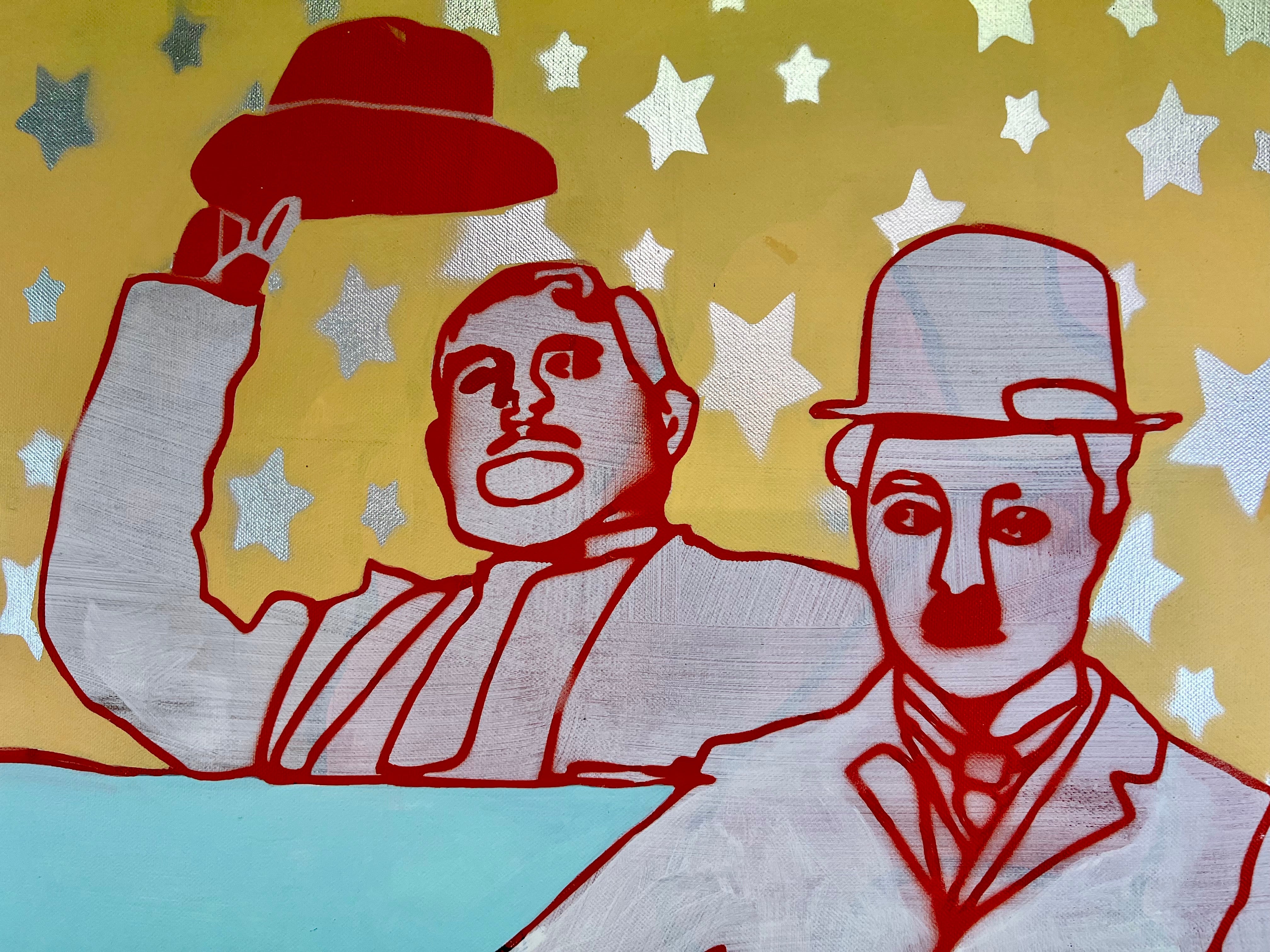 Pop Art 120x100cm A Star is Born, Kuh Charlie Chaplin Laurel Hardy Sternenhimmel Nostalgie Kreativität Lebensfreude, Hollywood Legends Serie, Acryl Leinwand Original Fredi Gertsch, Detailansicht Ollie & Charly