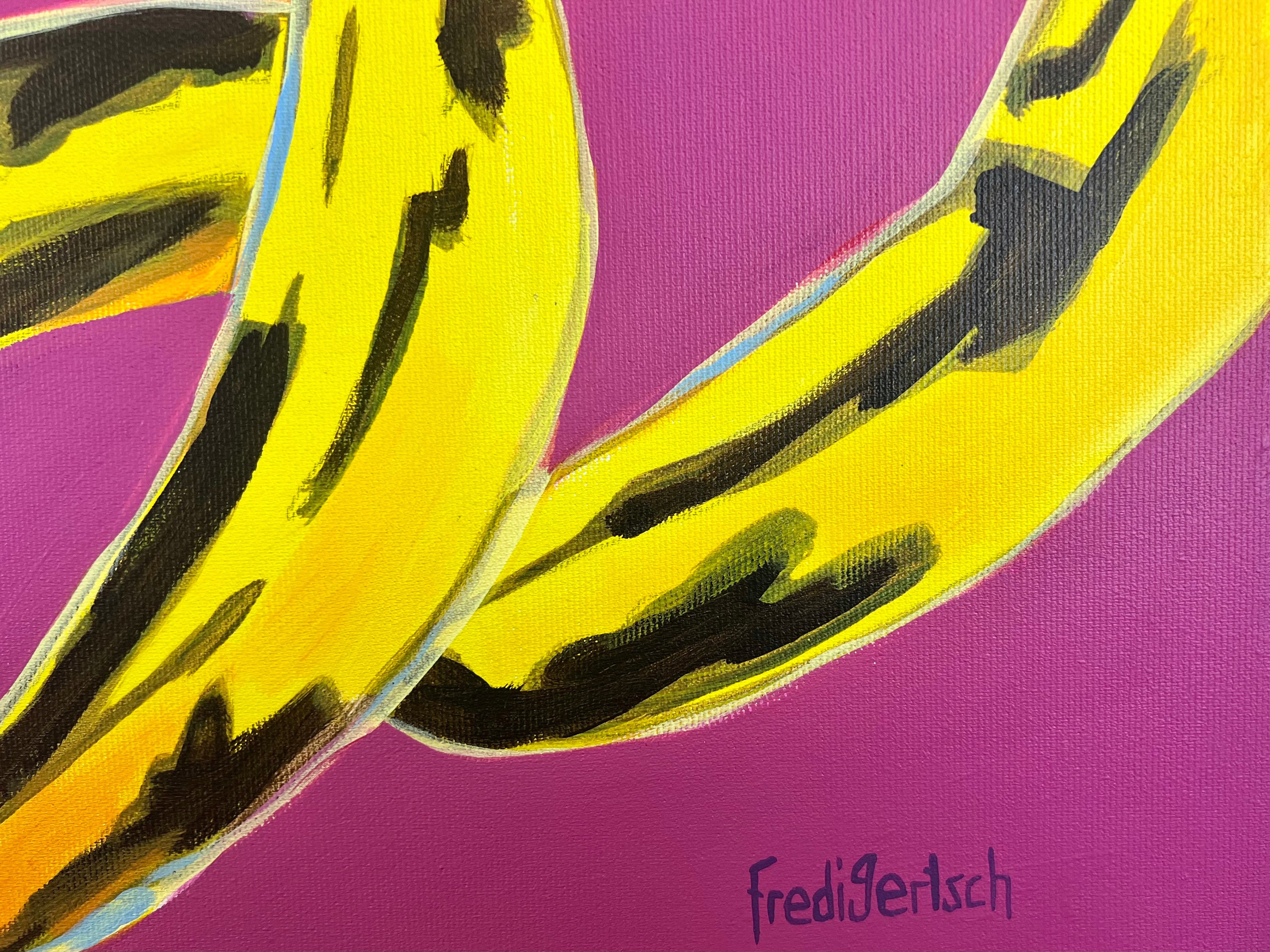 Pop Art 80x80cm Baby Meets Andy, Baby-Kuh Andy Warhol gelbe Bananen pink Hintergrund Velvet Underground, Kreativität Originalität, Baby Meets Serie, Acryl Leinwand Original Fredi Gertsch, Signatur