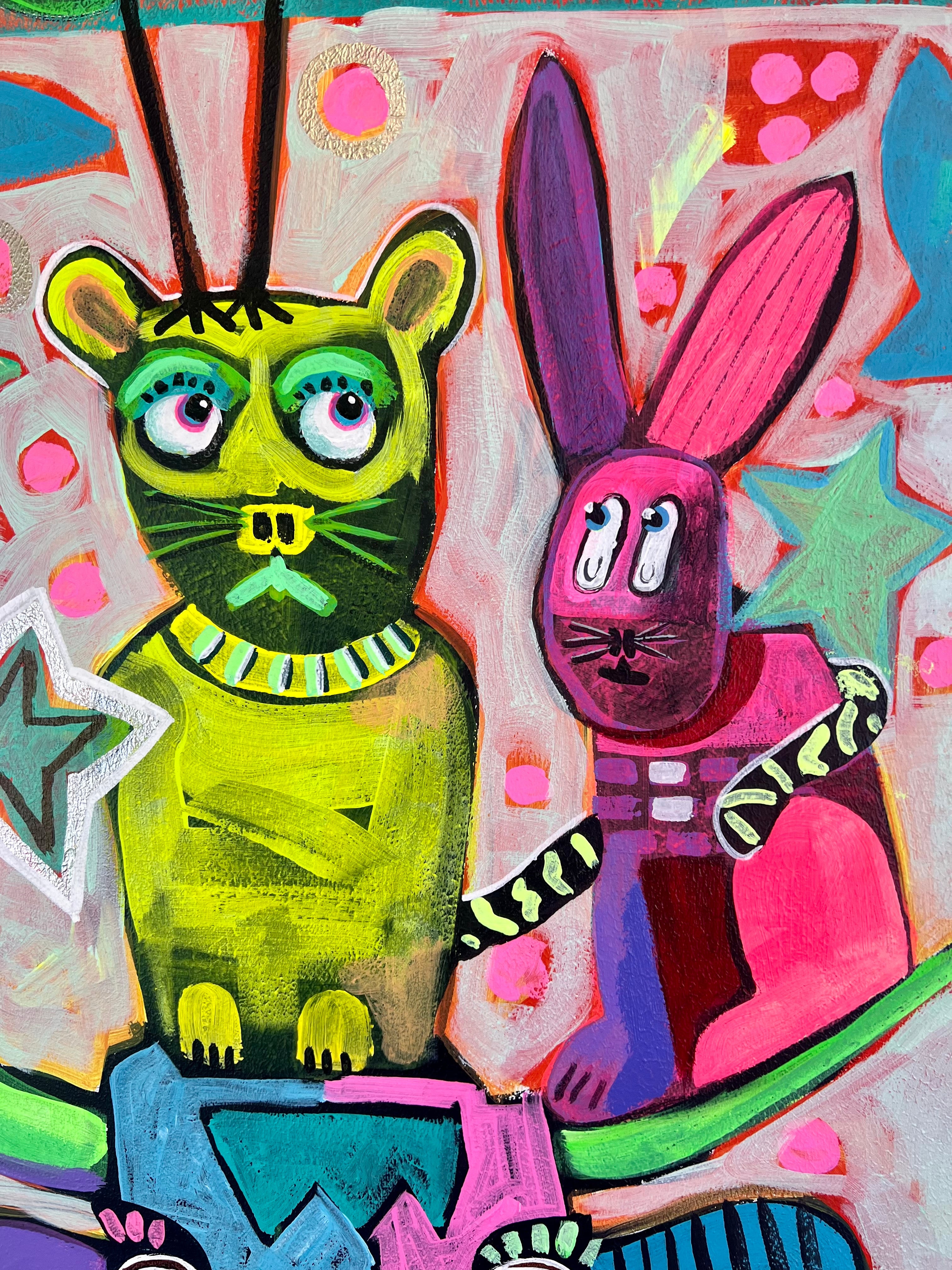 Pop Art 40x120cm Animal Harmony, Bremer Stadtmusikanten modern Kuh Krokodil Hase Katze Huhn Pyramide, Vielfalt Zusammenhalt Gemeinschaft, Acryl Leinwand Original Fredi Gertsch, Detailansicht Tiger und Hase