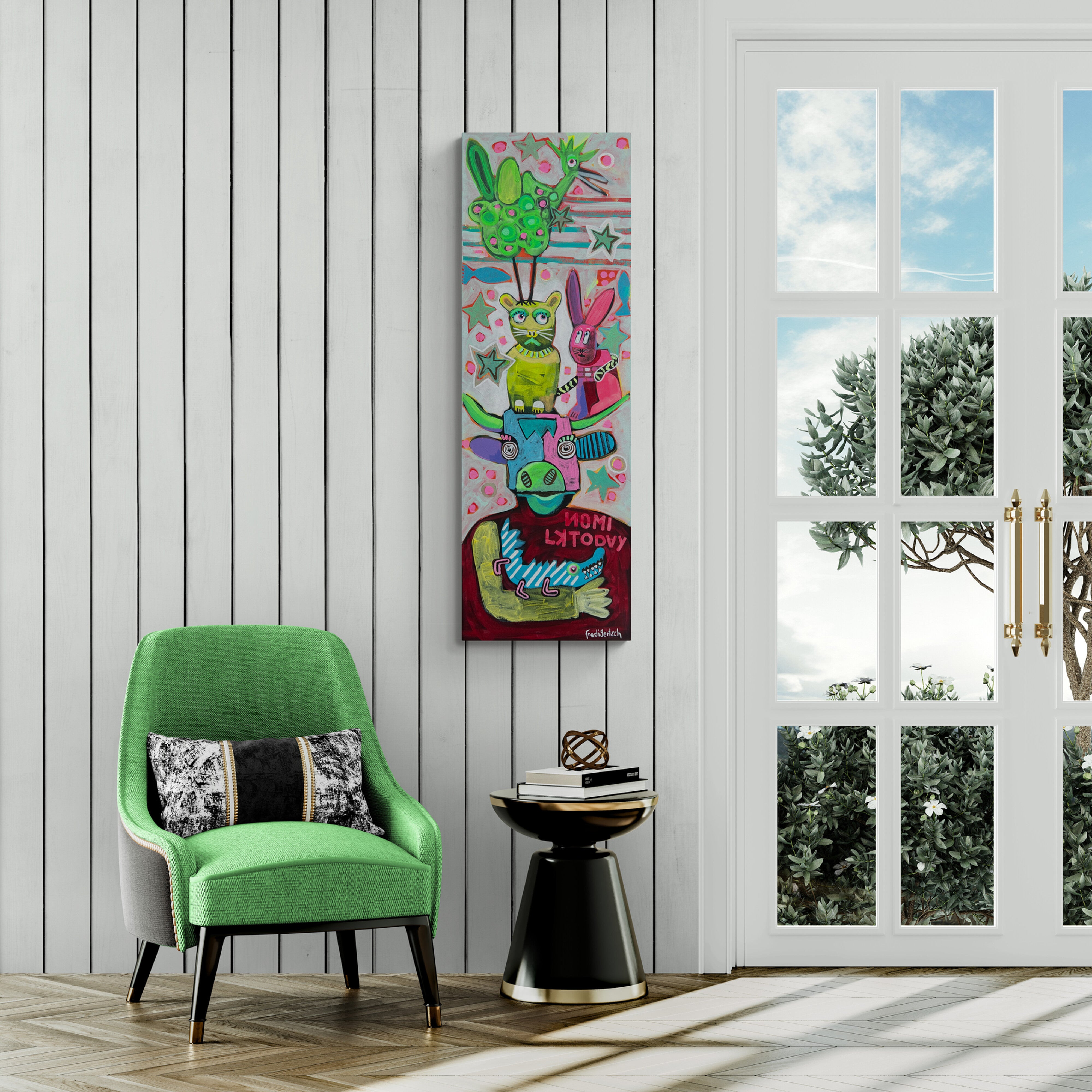 Pop Art 40x120cm Animal Harmony, Bremer Stadtmusikanten modern Kuh Krokodil Hase Katze Huhn Pyramide, Vielfalt Zusammenhalt Gemeinschaft, Acryl Leinwand Original Fredi Gertsch, Wohnsituation mit grünem Sessel