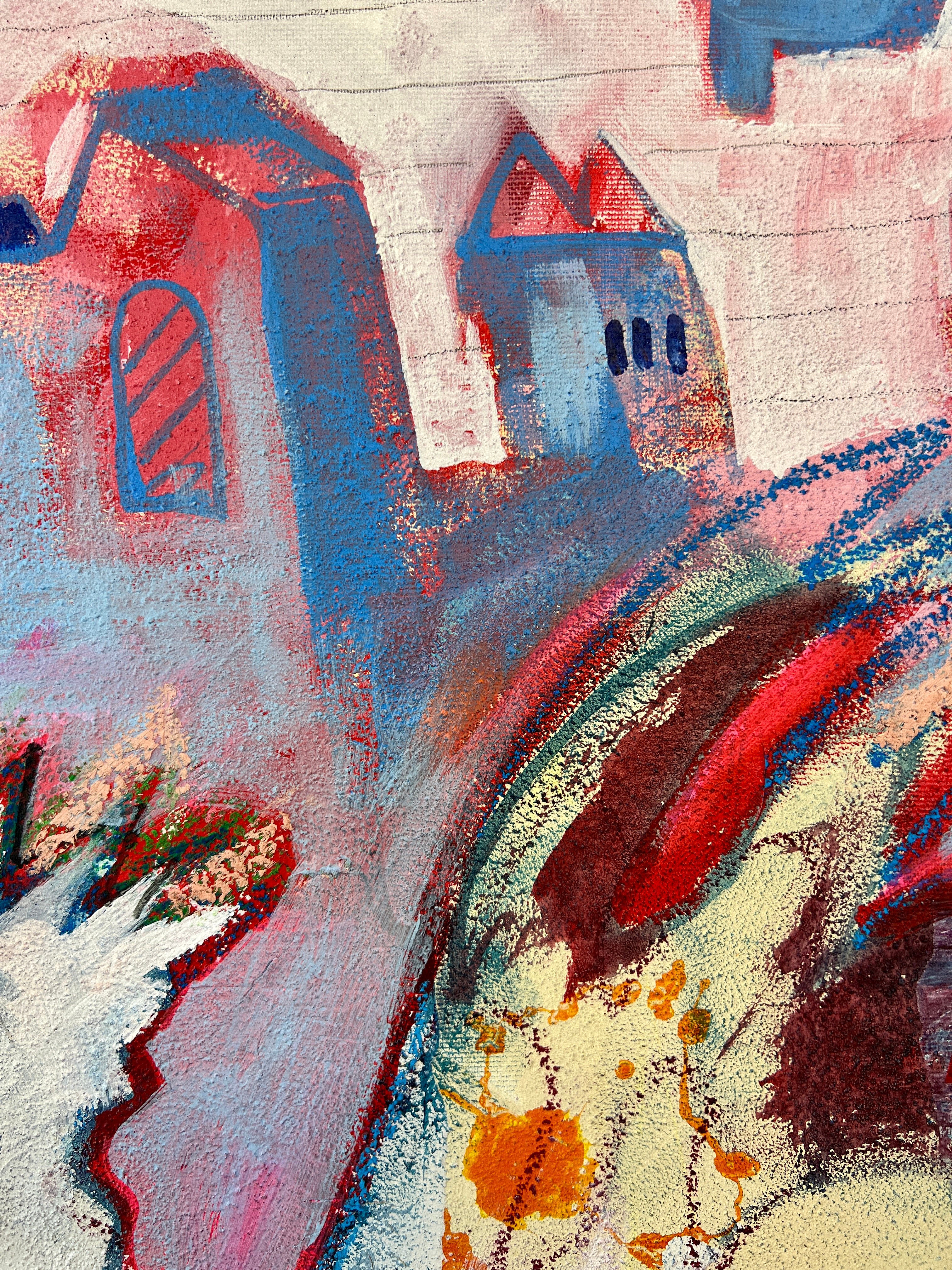 Pop Art Kuh 80x80cm We are family, Mutterkuh Kälbchen zwei Hühner Dorf, Familie Geborgenheit Zusammenhalt, Mixed Media Leinwand Original Fredi Gertsch, Detailansicht Häuser