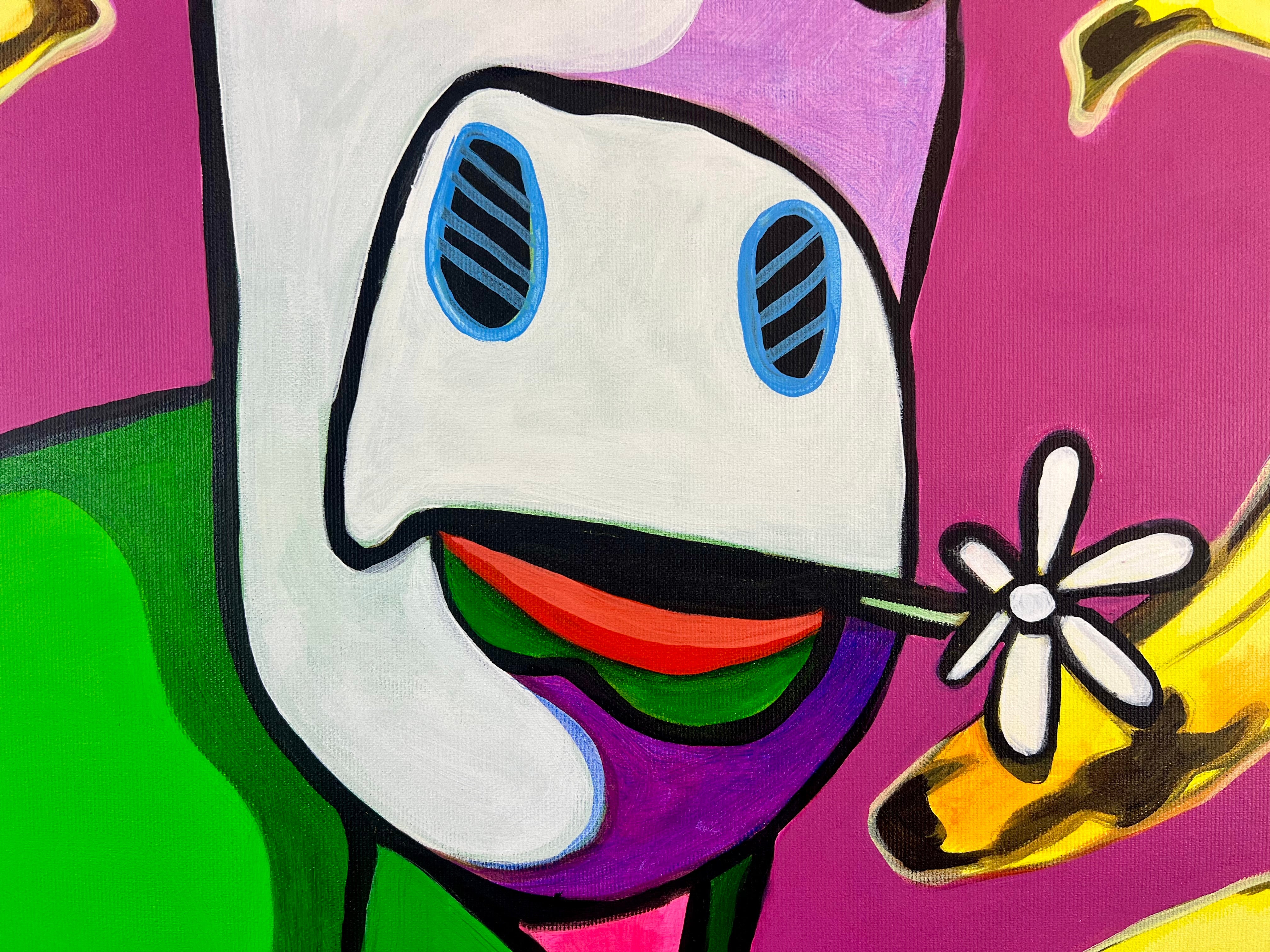 Pop Art 80x80cm Baby Meets Andy, Baby-Kuh Andy Warhol gelbe Bananen pink Hintergrund Velvet Underground, Kreativität Originalität, Baby Meets Serie, Acryl Leinwand Original Fredi Gertsch, Detailansicht Blume im Mund