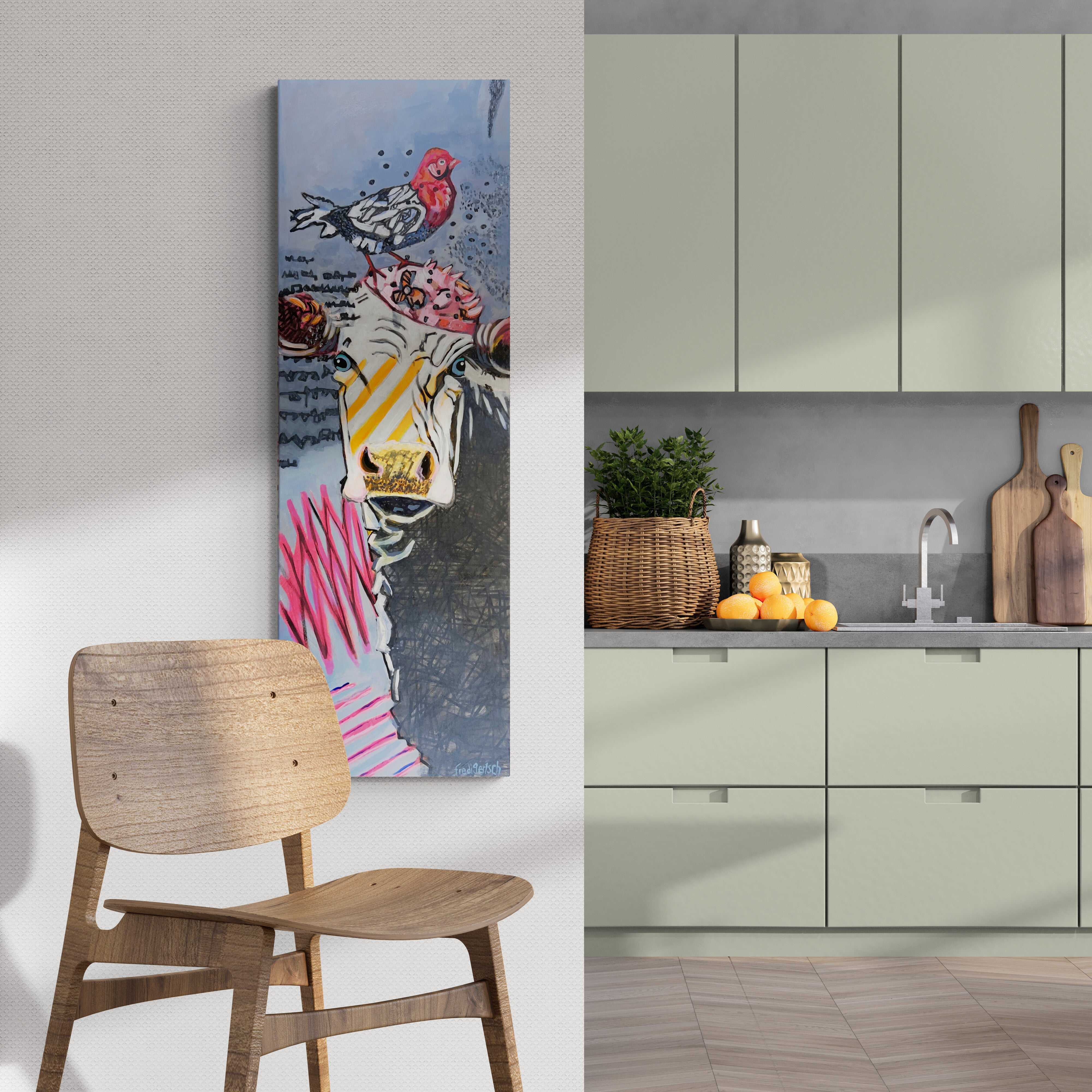 Street Art 40x120cm Baby Bird, Kuh Mütze Vogel schriftähnliche Zeichen Kreativität Individualität urbaner Charme, Acryl Leinwand Original Fredi Gertsch, in Küche