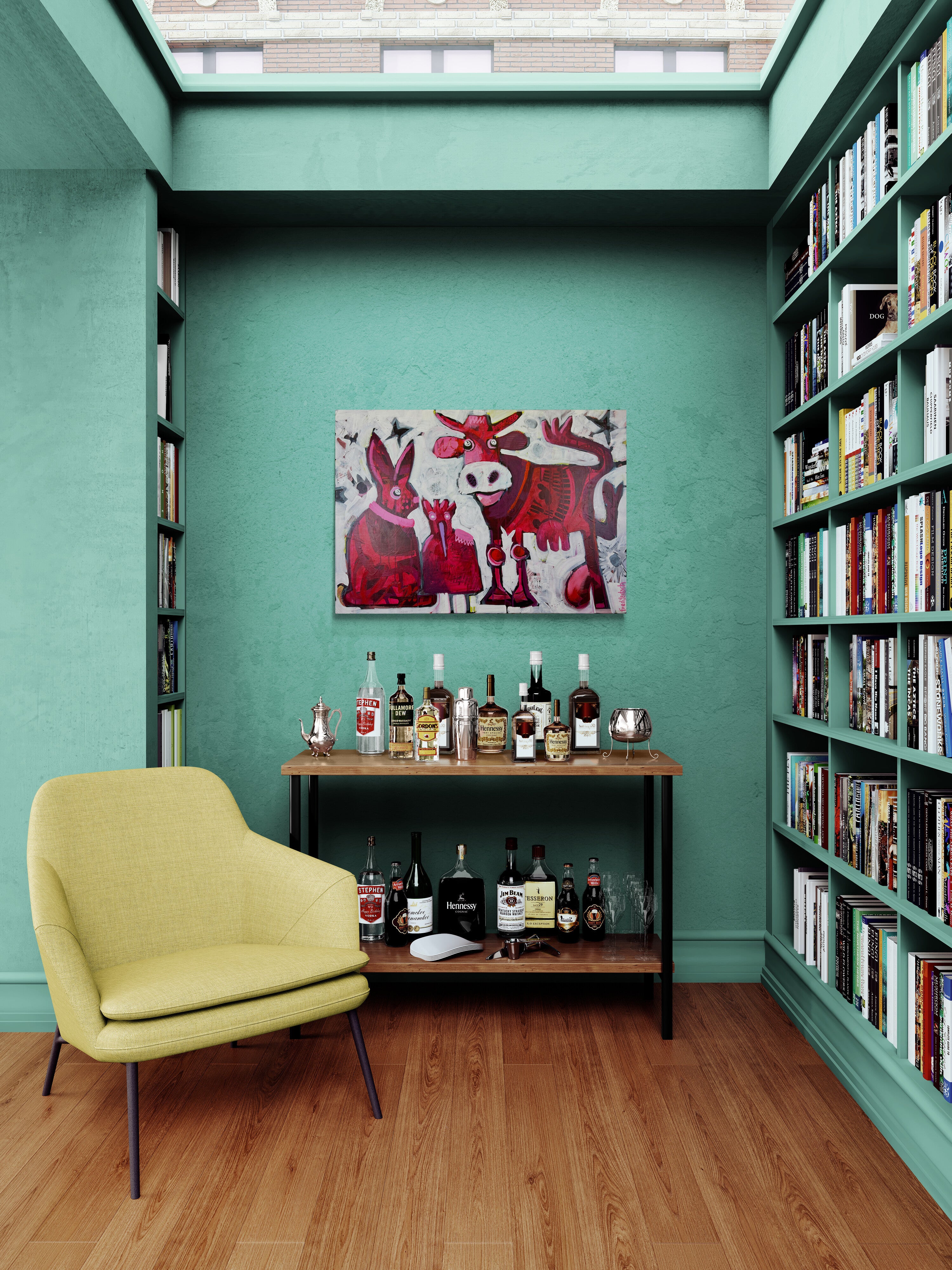 Pop Art 100x70cm Simply Red Cow, rote Kuh High Heels Vogel Achselpatten Hase weisser Hintergrund schwarze Sterne, Individualität Selbstbewusstsein, Acryl Leinwand Original Fredi Gertsch, in Wohnraum Bibliothek