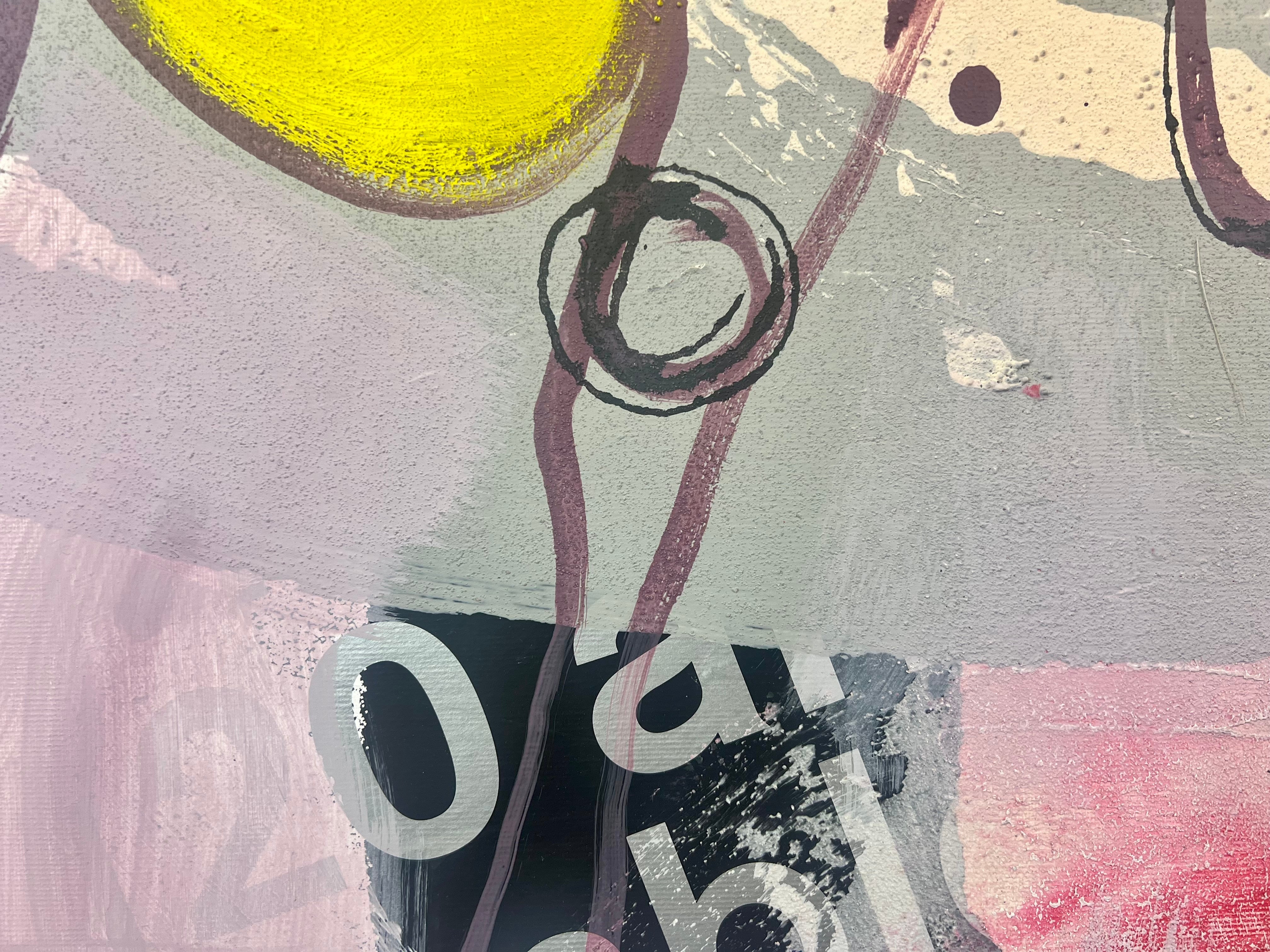 Pop Art 100x100cm Hoppala, springende Kuh Stöckelschuhe Krone Stenografie Lebensfreude Selbstbewusstsein, tricky situation Serie, Mixed Media Leinwand Original Fredi Gertsch, Detailansicht Struktur