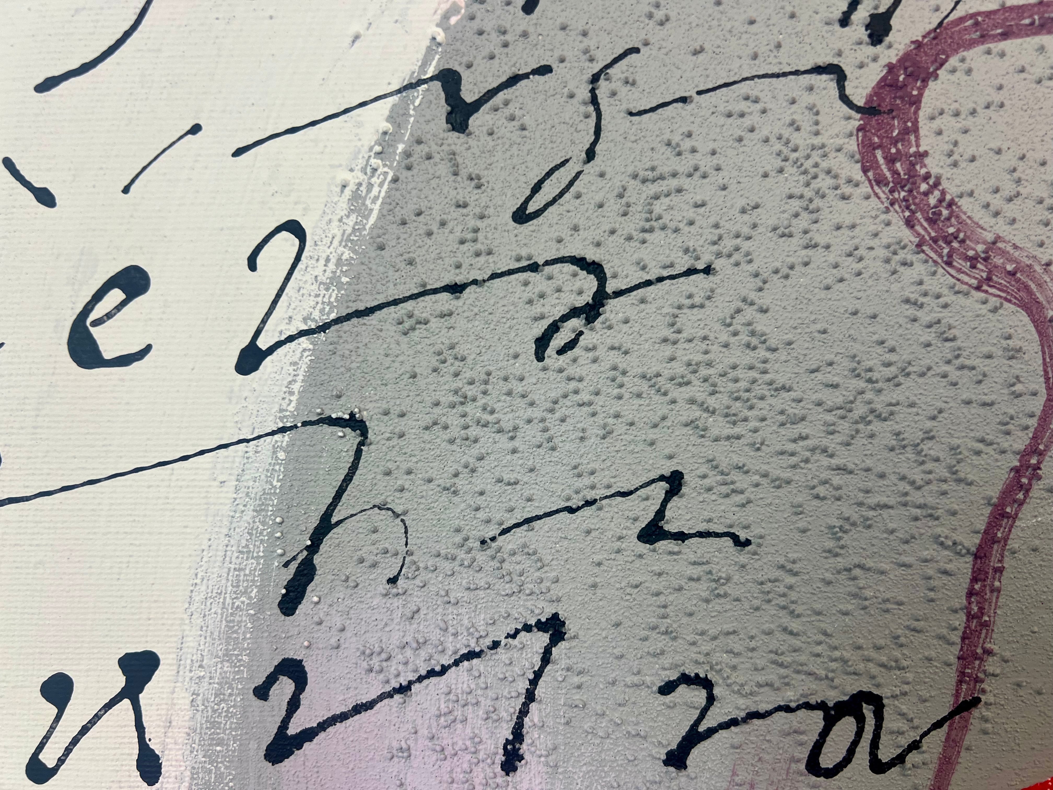 Pop Art 100x100cm Hoppala, springende Kuh Stöckelschuhe Krone Stenografie Lebensfreude Selbstbewusstsein, tricky situation Serie, Mixed Media Leinwand Original Fredi Gertsch, Detailansicht Struktur und Stenogramm