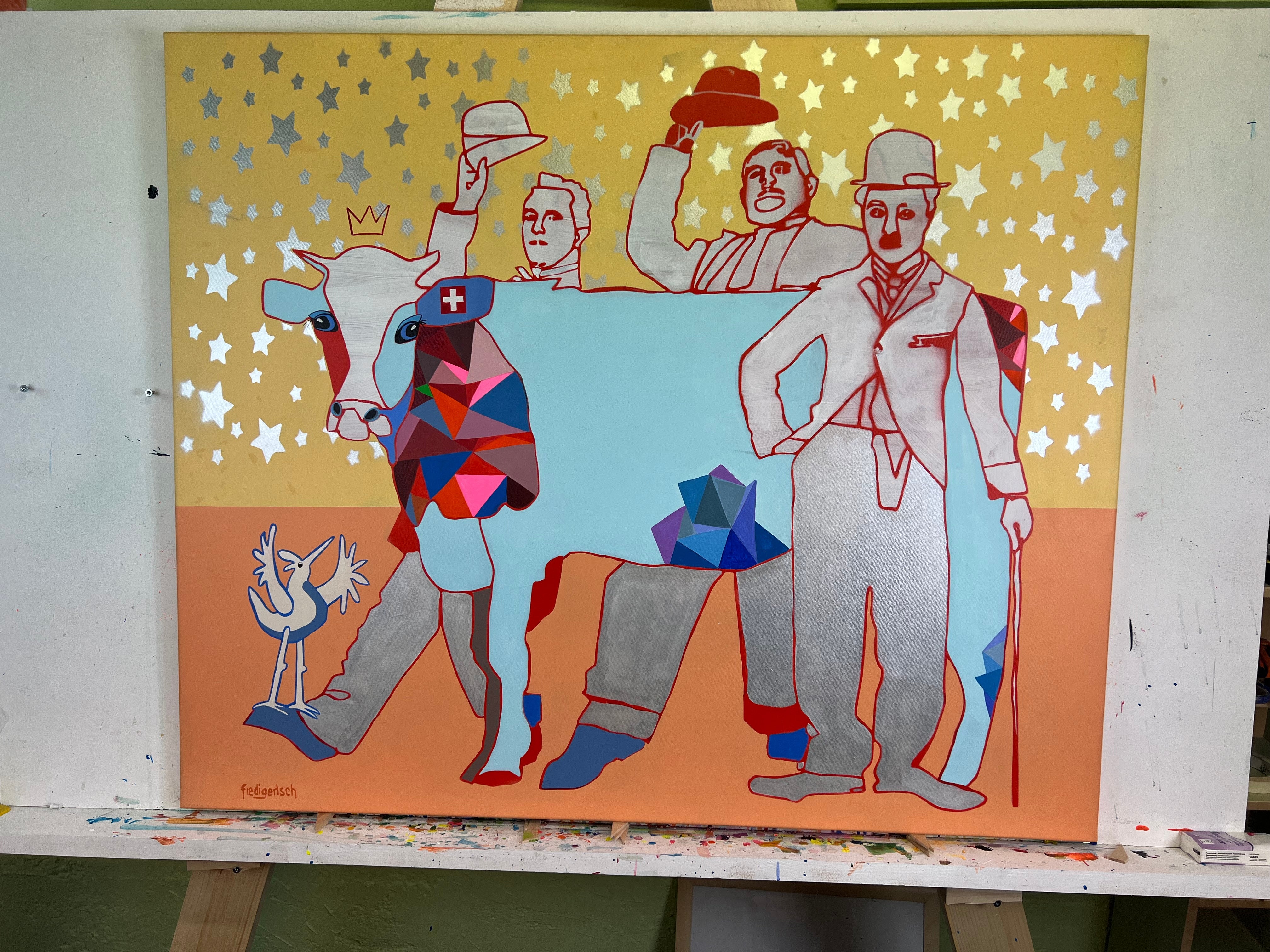 Pop Art 120x100cm A Star is Born, Kuh Charlie Chaplin Laurel Hardy Sternenhimmel Nostalgie Kreativität Lebensfreude, Hollywood Legends Serie, Acryl Leinwand Original Fredi Gertsch, auf Staffelei in Atelier