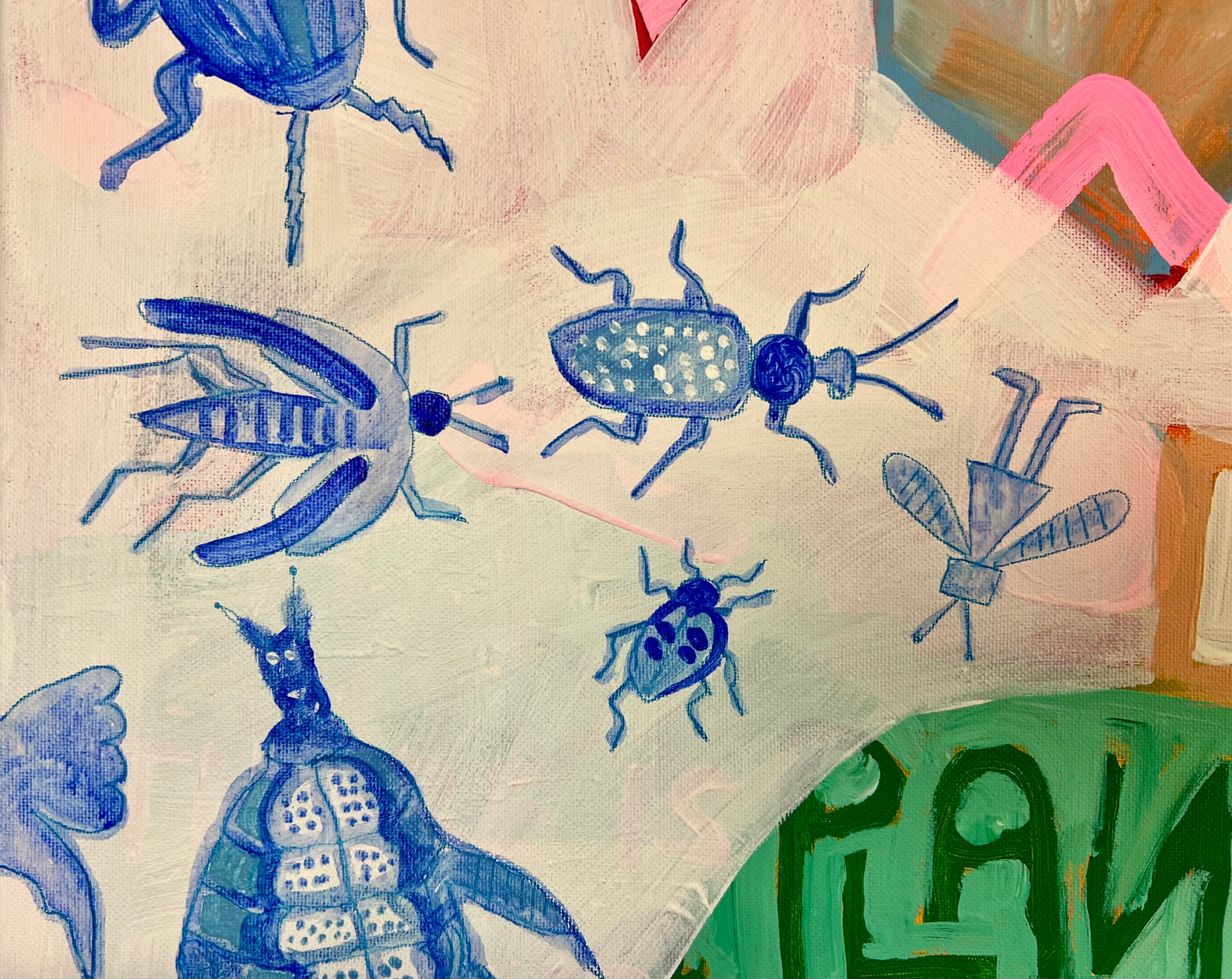 Pop Art Kuh 120x90cm Flower Power Baby, grosse Kuh Blumen blaue Insekten Biodiversität, Nachhaltigkeit Natur, Acryl Leinwand Original Fredi Gertsch, Detailansicht Insekten