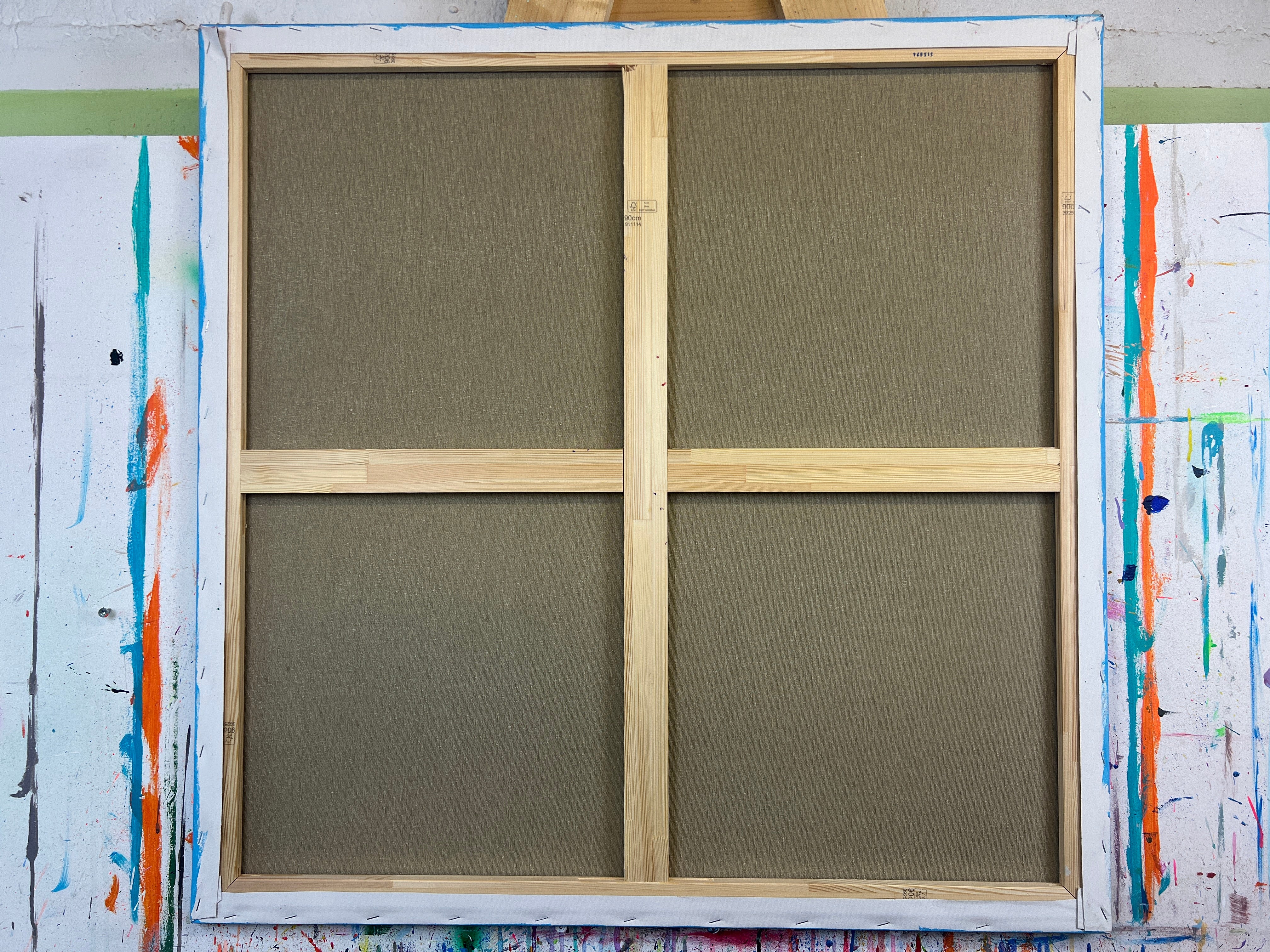 Pop Art Kühe 90x90cm Sugar Candy, zwei Kühe High Heels Süssigkeiten Schleckstengel Herzen, Humor Lebensfreude, Acryl Leinwand Original Fredi Gertsch, Rückseite Leinwand.