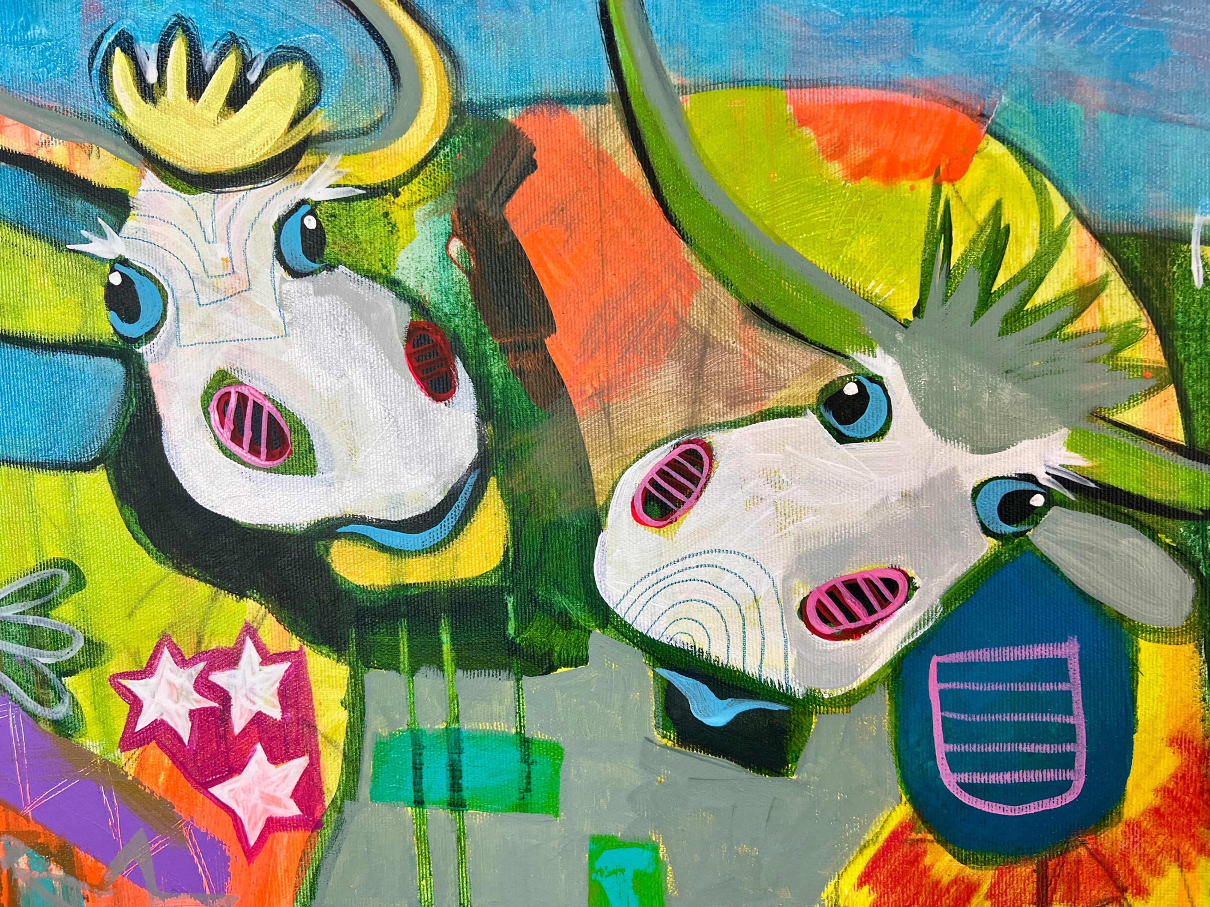 Pop Art 120x40cm Alpaufzug, fünf fröhliche Kühe Krone Sterne No Milk Today Schweizer Tradition Gemeinschaft Lebensfreude, Acryl Leinwand Original Fredi Gertsch, zwei Freundinnen