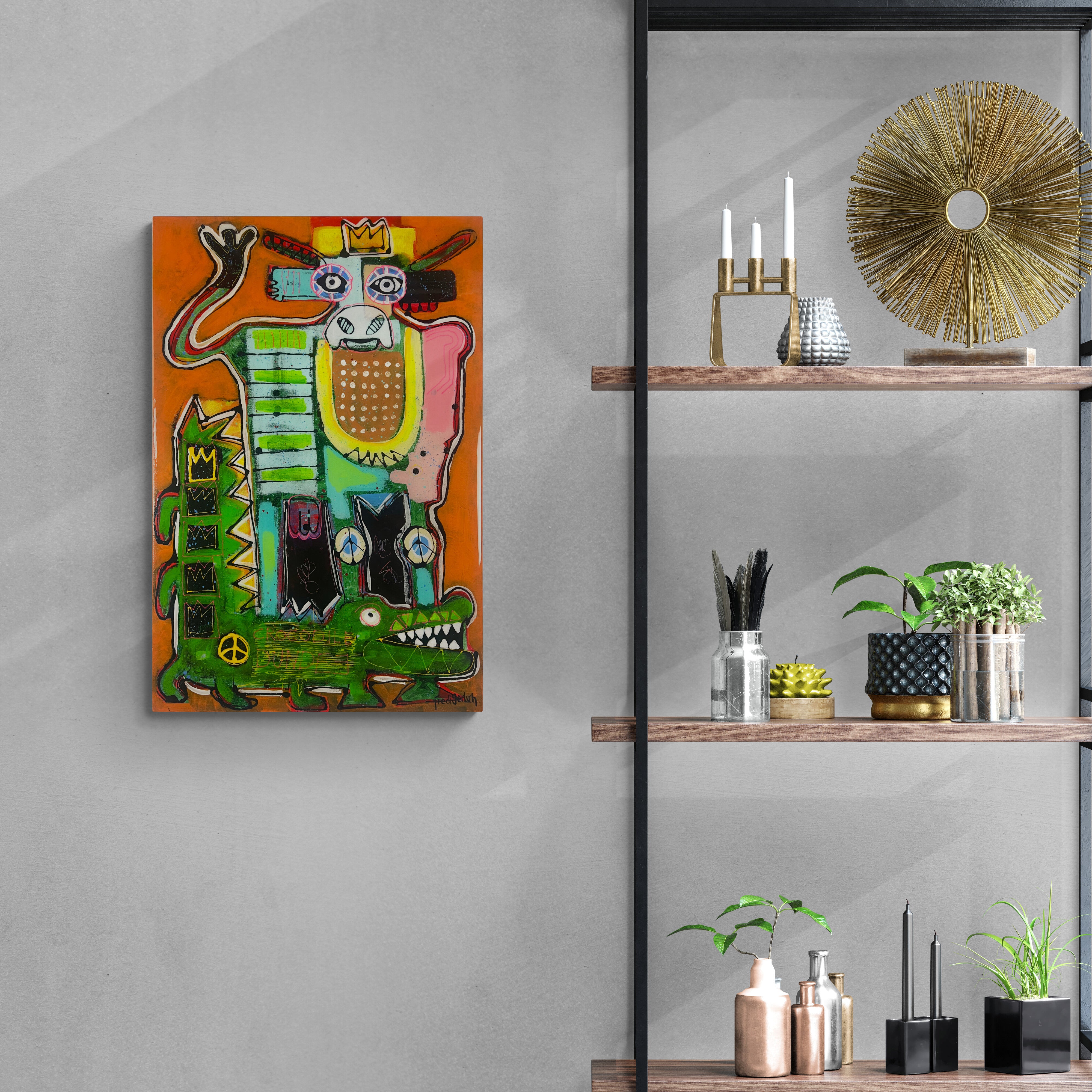 Street Art 60x90cm Crocodile Dundee, gekrönte Kuh Krokodil fünf Kronen Stärke Mut, Wild Royals Serie, Acryl Acrylharz Leinwand Original Fredi Gertsch, in Wohnraum neben Gestell