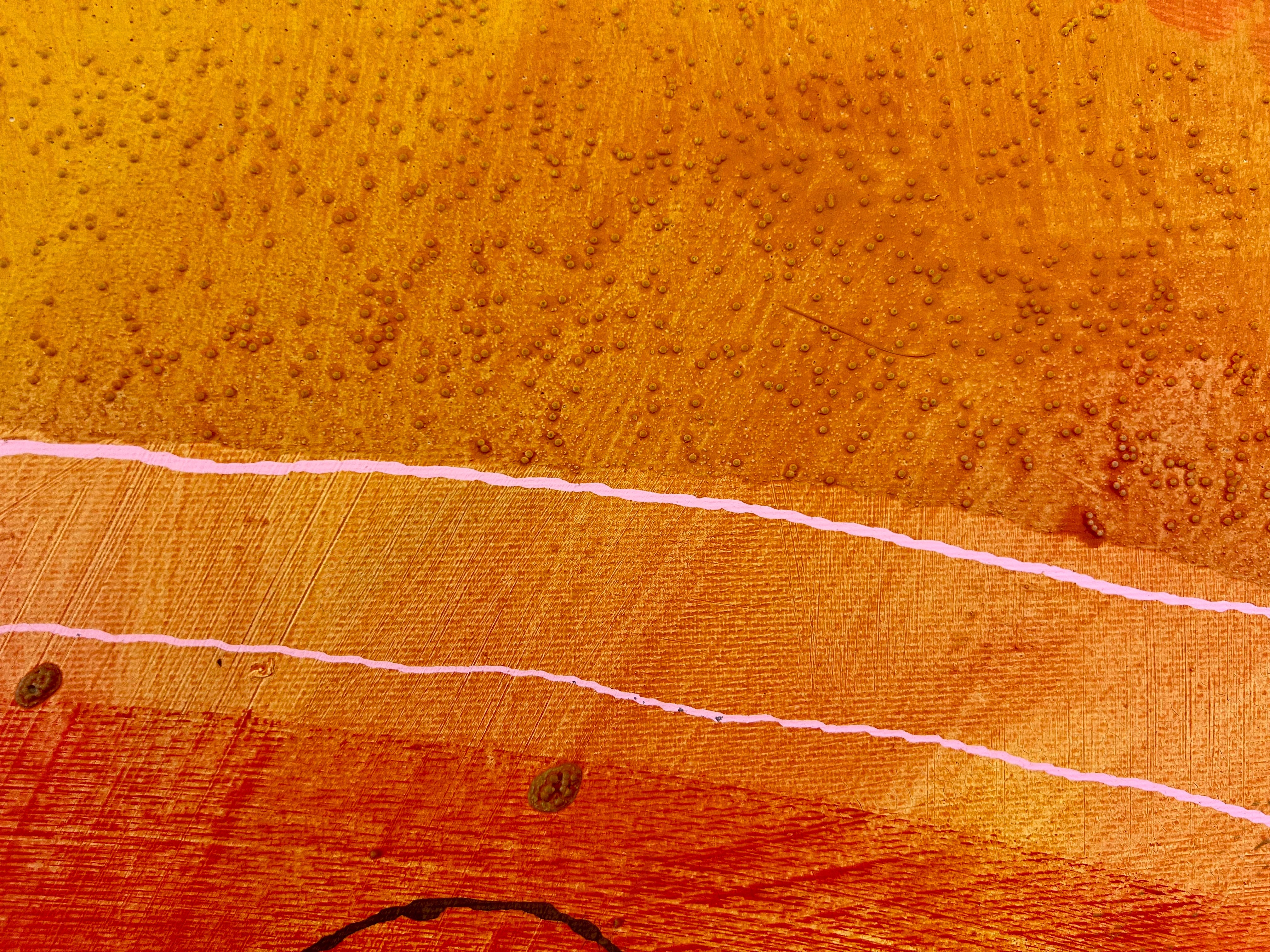 Pop Art 100x100cm Hoppala, springende Kuh Stöckelschuhe Krone Stenografie Lebensfreude Selbstbewusstsein, tricky situation Serie, Mixed Media Leinwand Original Fredi Gertsch, Detailansicht Struktur und Linien