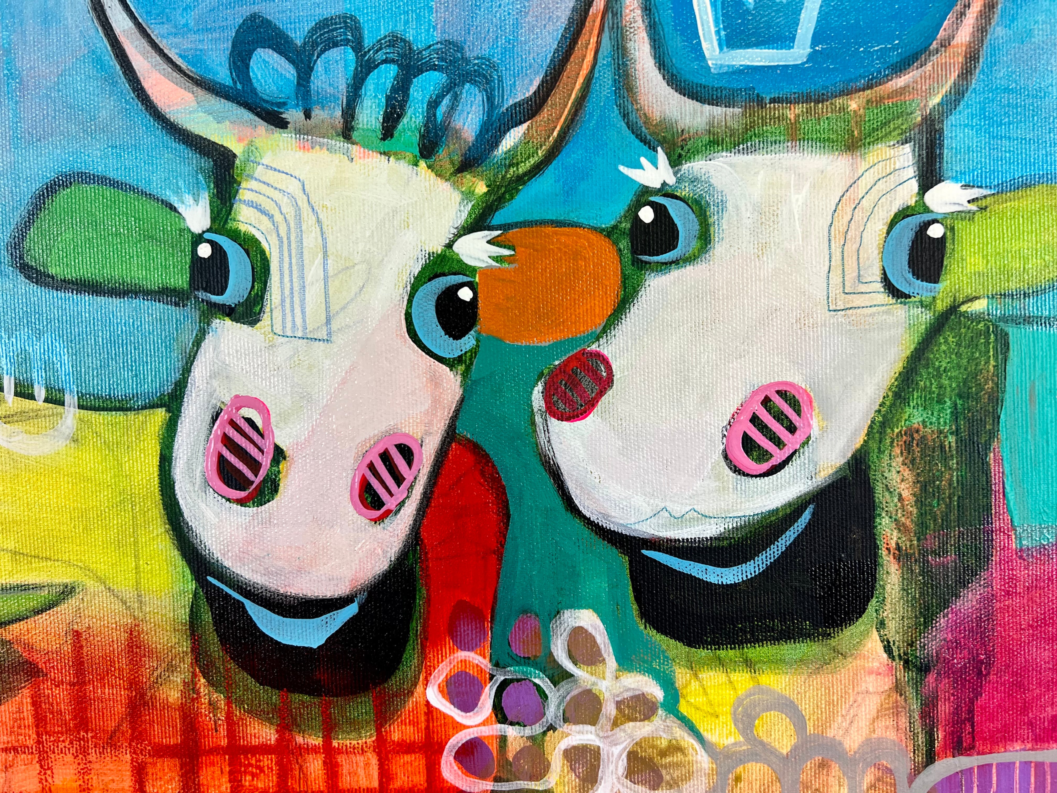 Pop Art 120x40cm Alpaufzug, fünf fröhliche Kühe Krone Sterne No Milk Today Schweizer Tradition Gemeinschaft Lebensfreude, Acryl Leinwand Original Fredi Gertsch, Detailansicht Kühe