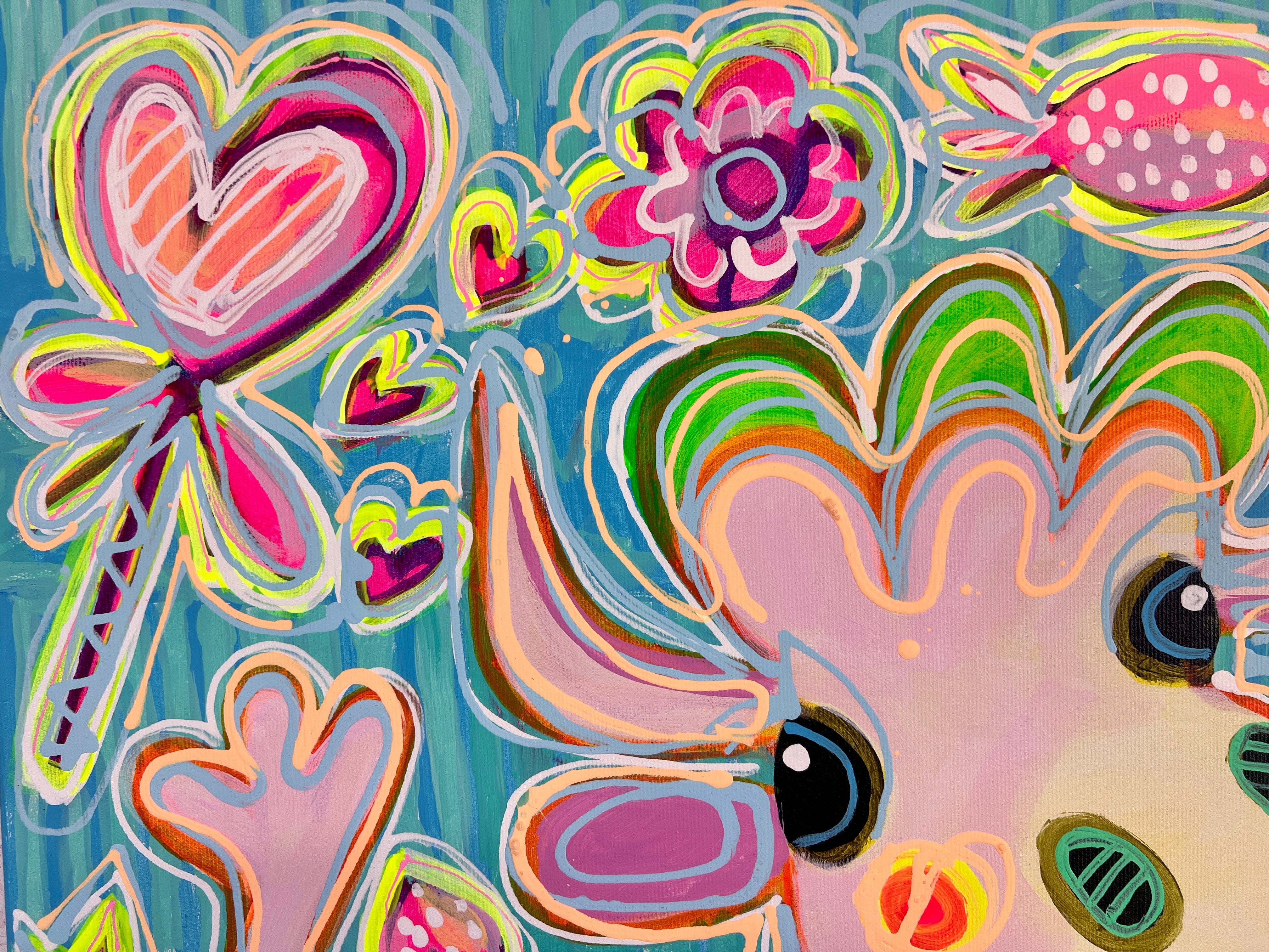 Pop Art Kühe 90x90cm Sugar Candy, zwei Kühe High Heels Süssigkeiten Schleckstengel Herzen, Humor Lebensfreude, Acryl Leinwand Original Fredi Gertsch, Detailansicht