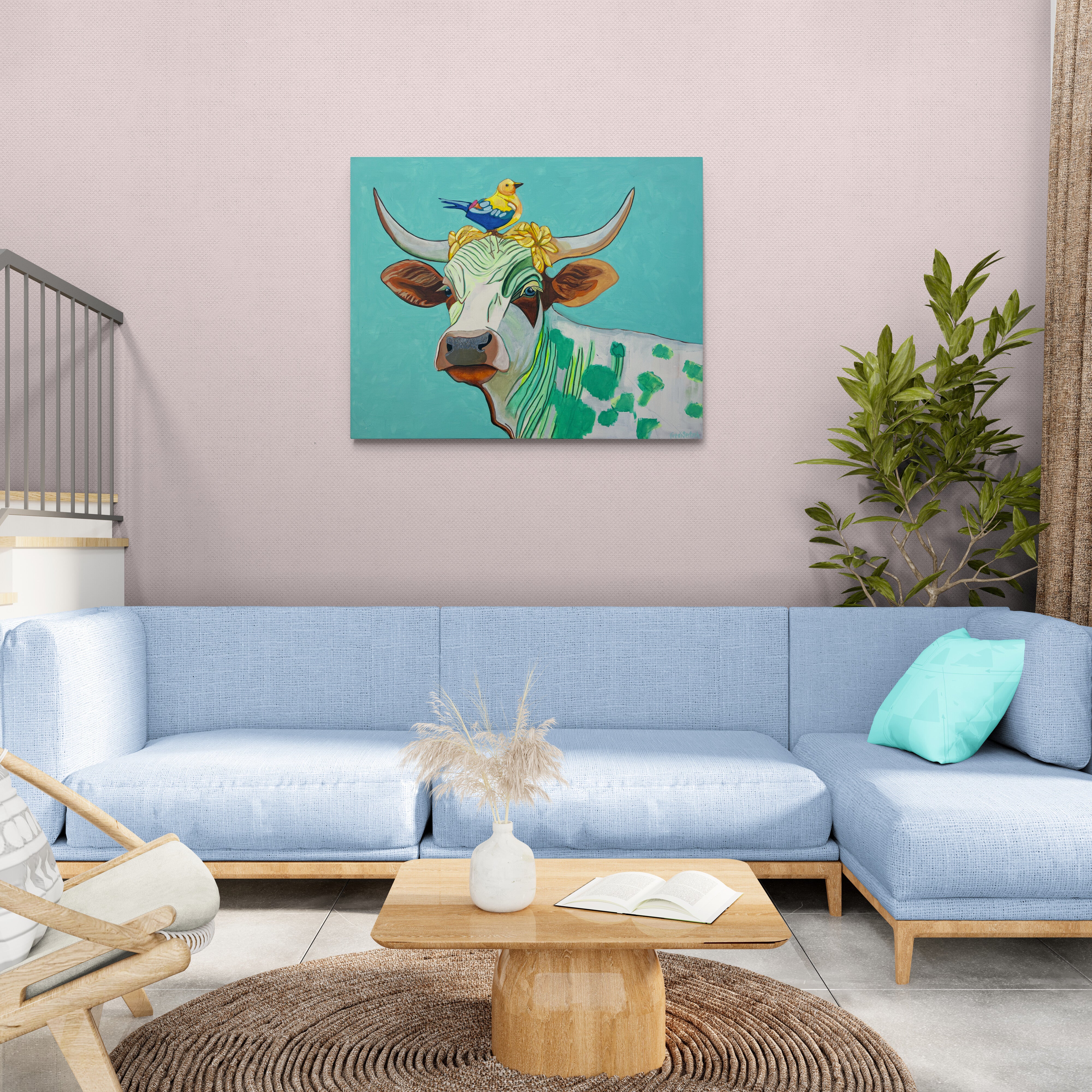 Pop Art 100x80cm Serena, majestätische Kuh Vogel Kopf Serena Williams Stärke Eleganz Willensstärke, Acryl Leinwand Original Fredi Gertsch, in Wohnraum über Sitzgruppe