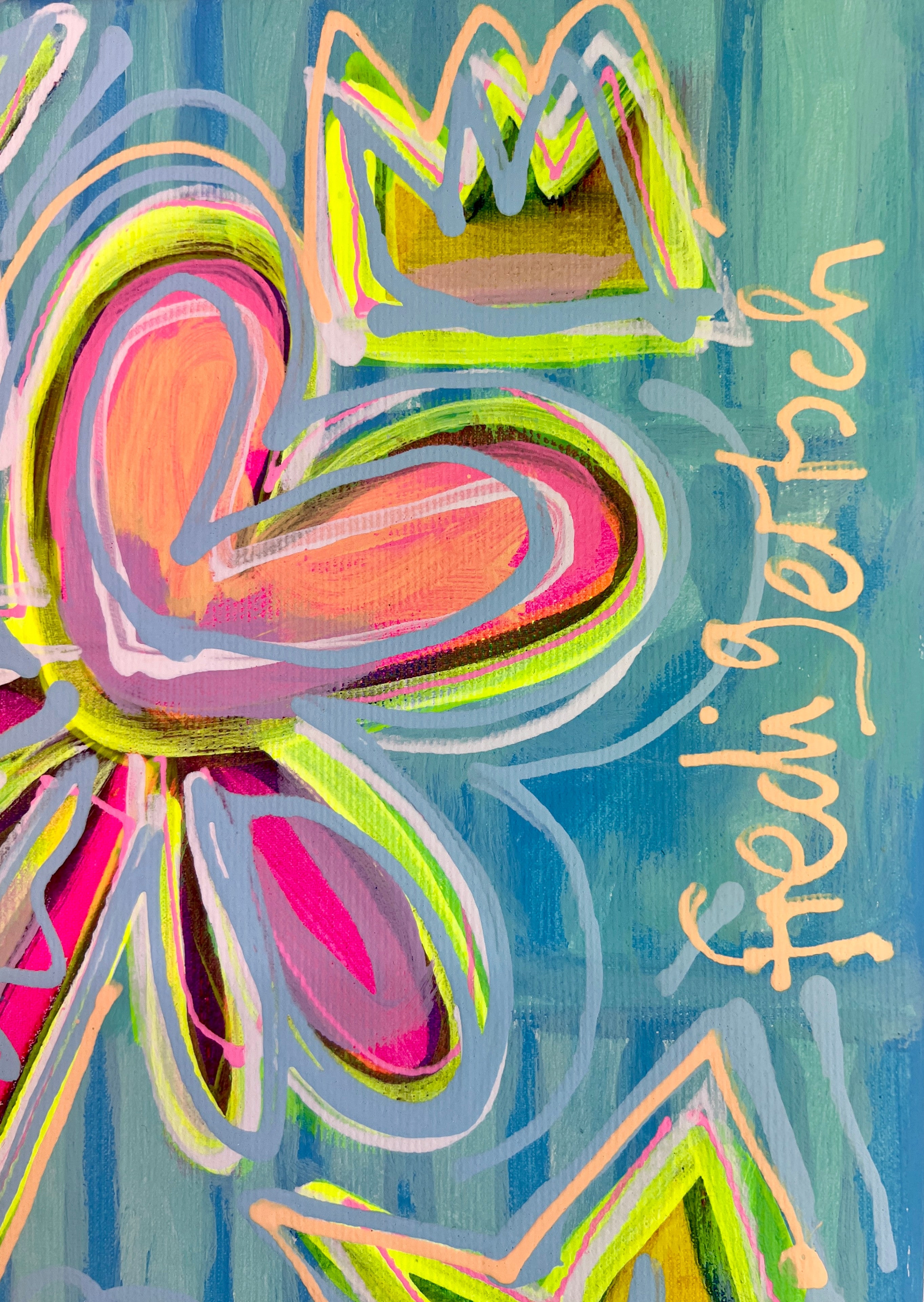 Pop Art Kühe 90x90cm Sugar Candy, zwei Kühe High Heels Süssigkeiten Schleckstengel Herzen, Humor Lebensfreude, Acryl Leinwand Original Fredi Gertsch, Detailansicht Signatur