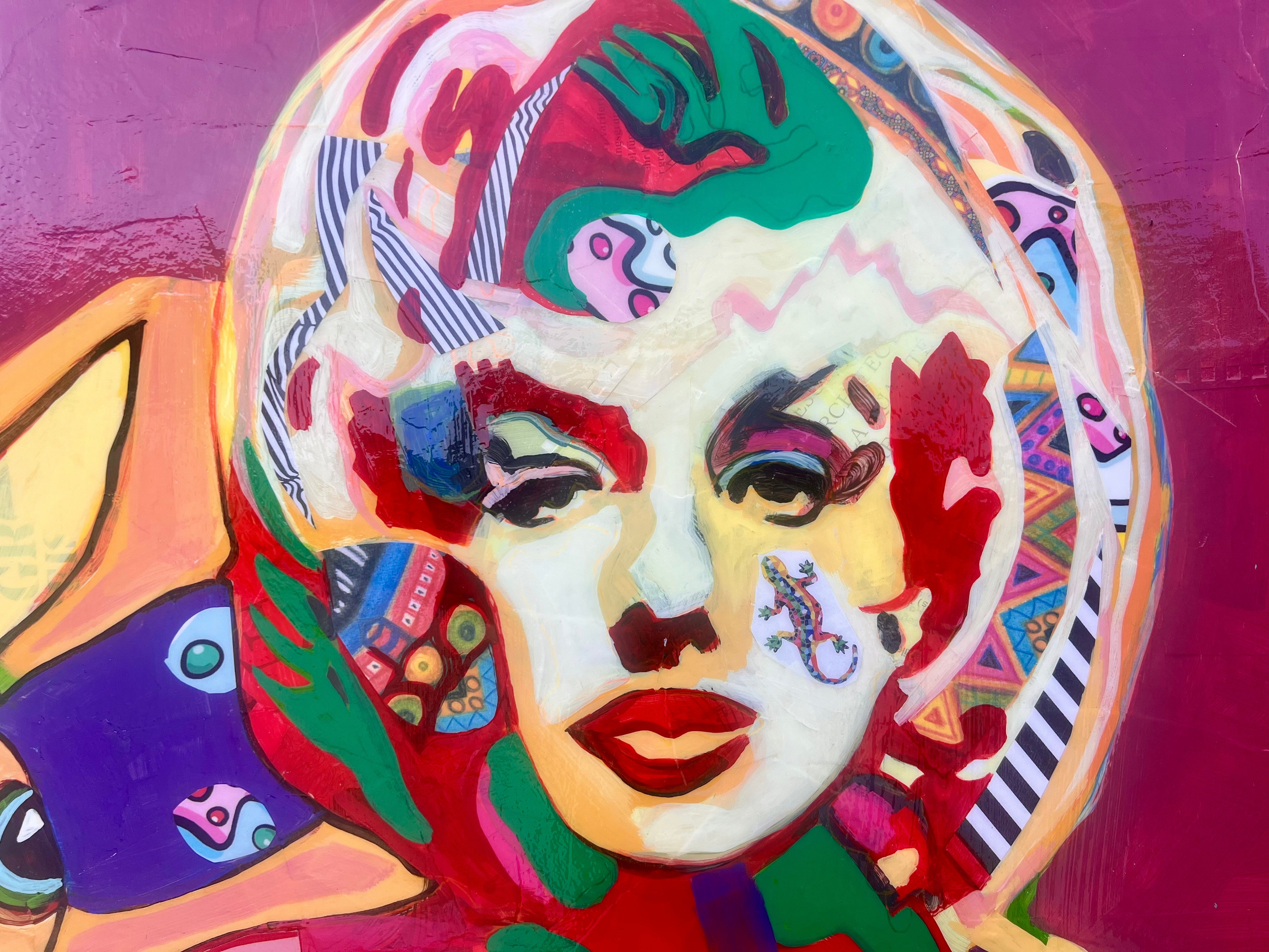 Pop Art 80x80cm Baby Meets Marilyn, Baby-Kuh Pop-Ikone Collage Comics Prospekte, Baby Meets Serie Humor, Mixed Media Leinwand Original Fredi Gertsch, Detailansicht Marilyn