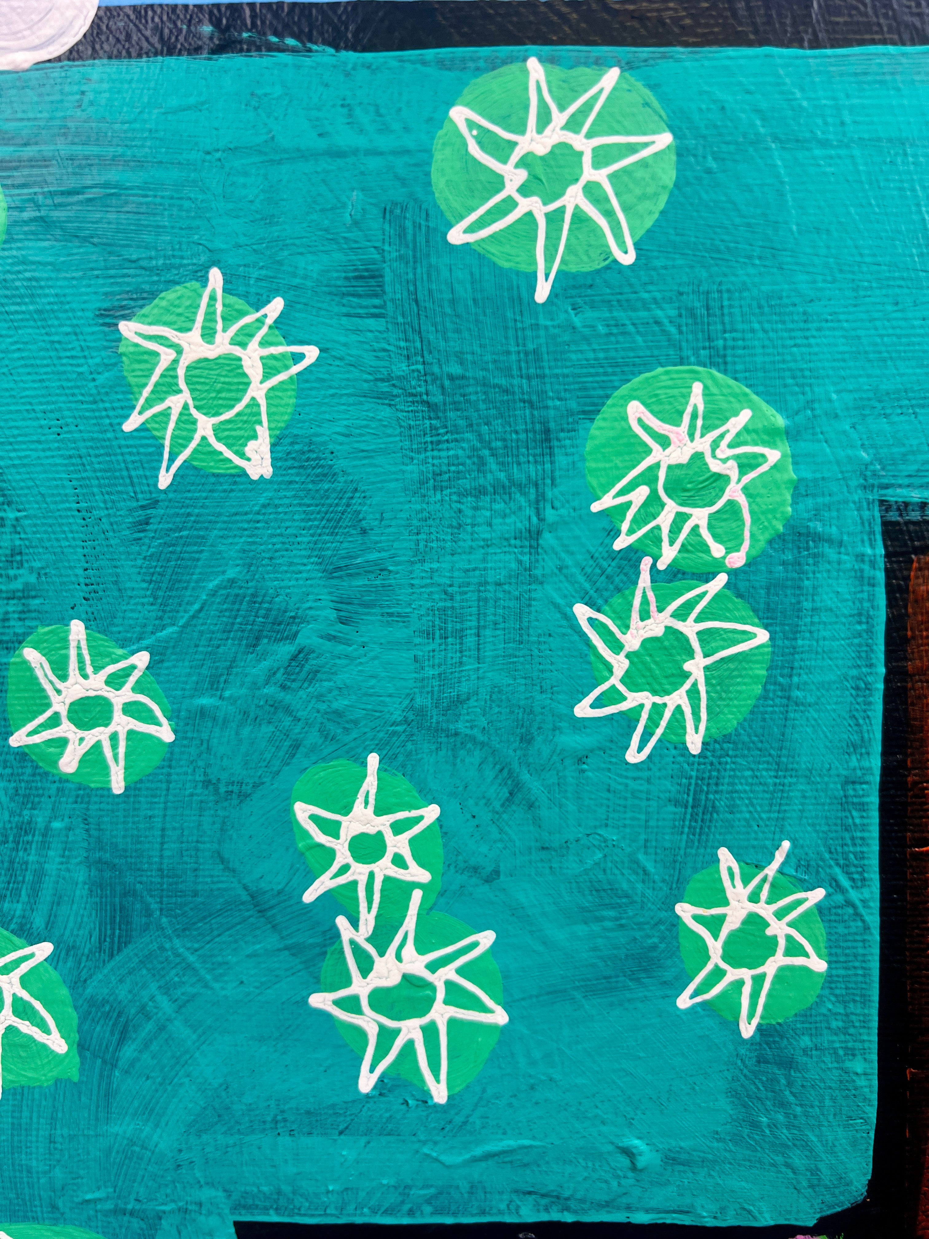 Pop Art 60x80cm No Milk Today, modische Kuh Basquiat-Kronen Peace-Zeichen gestreiftes Leibchen geblümte Hosen Vegan-Statement, Nachhaltigkeit Rebellion, Acryl Leinwand Original Fredi Gertsch, Detailansicht Sterne